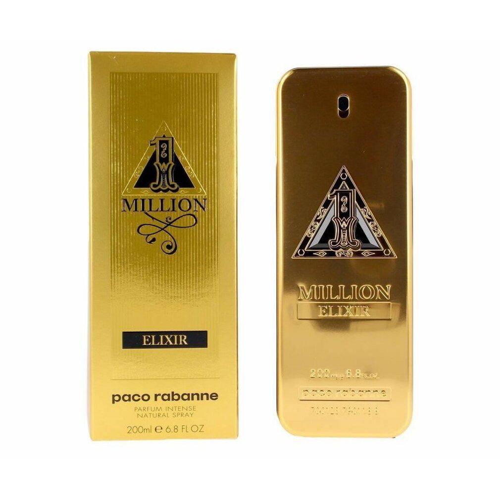 Goldfarbener Flakon und Verpackung. Aufschrift: Million Elixir, Paco Rabanne. Rechteckige Form.