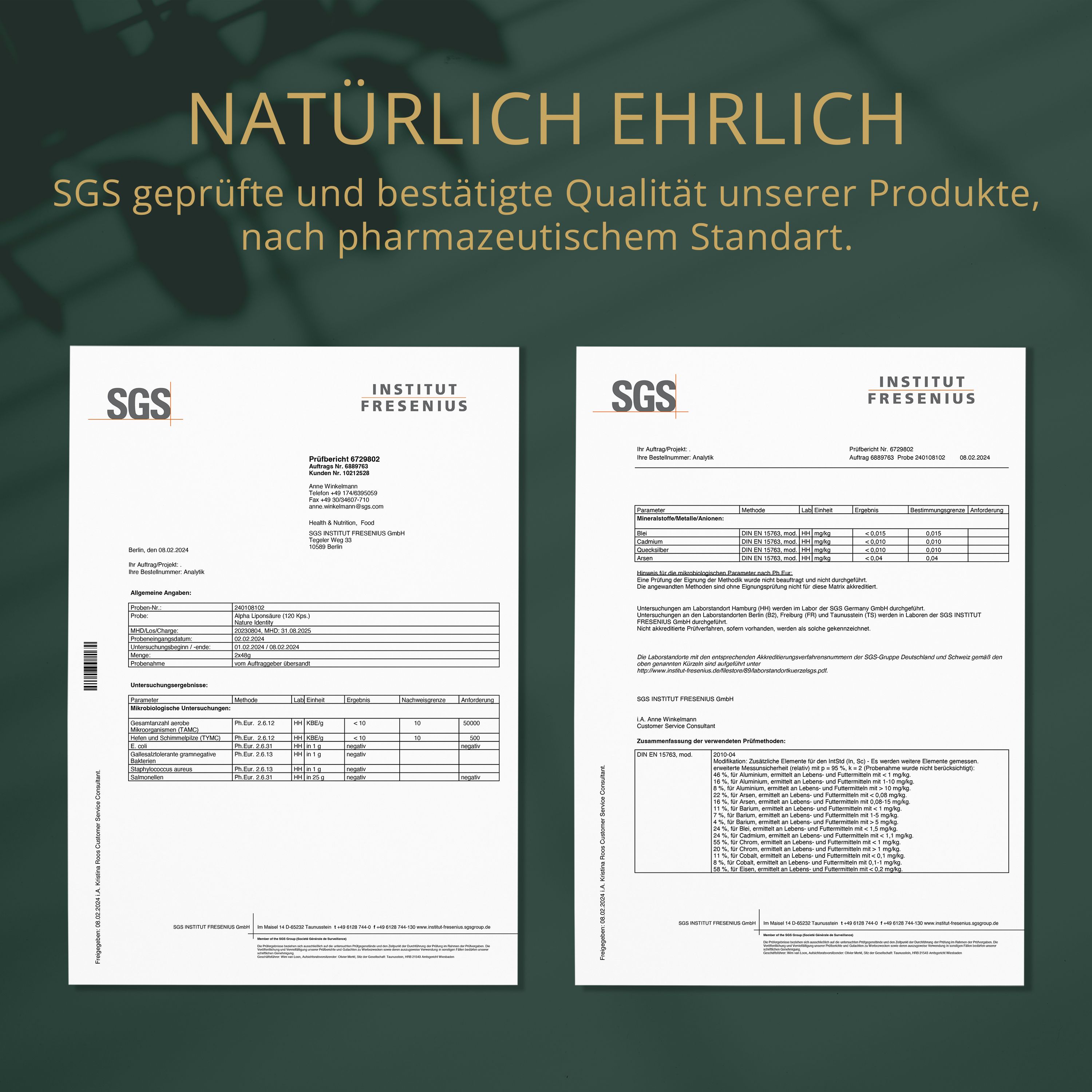 Zwei Zertifikate mit Text. SGS-geprüfte Qualität, Institut Fresenius. Dokumente mit Tabellen und Logos.