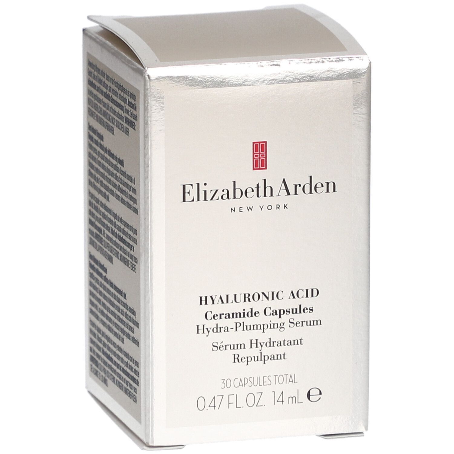 Silberfarbene Faltschachtel mit Text. Elizabeth Arden, Hyaluronsäure Ceramide Kapseln. 0.47 FL.OZ. 14 ml.