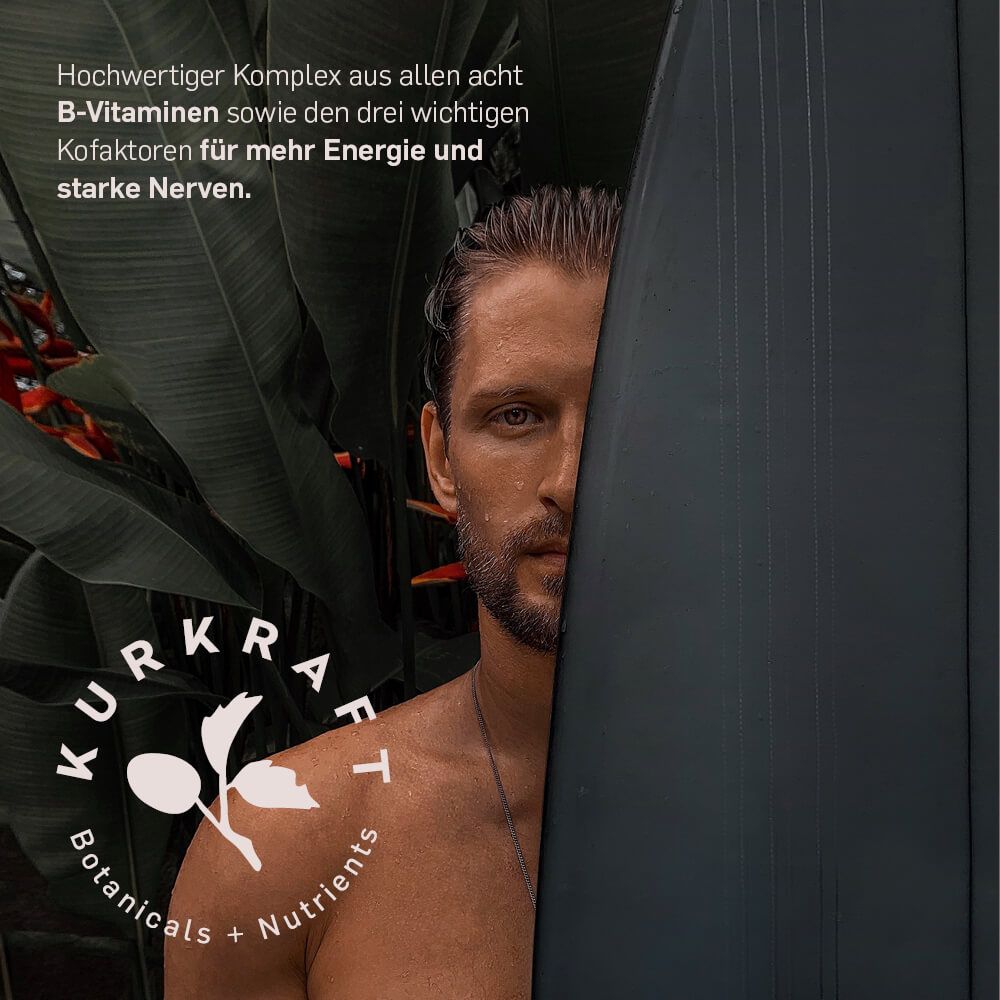 Mann mit Surfbrett. Logo Kurkraft. Text: Hochwertiger Komplex aus acht B-Vitaminen. Für mehr Energie und starke Nerven.