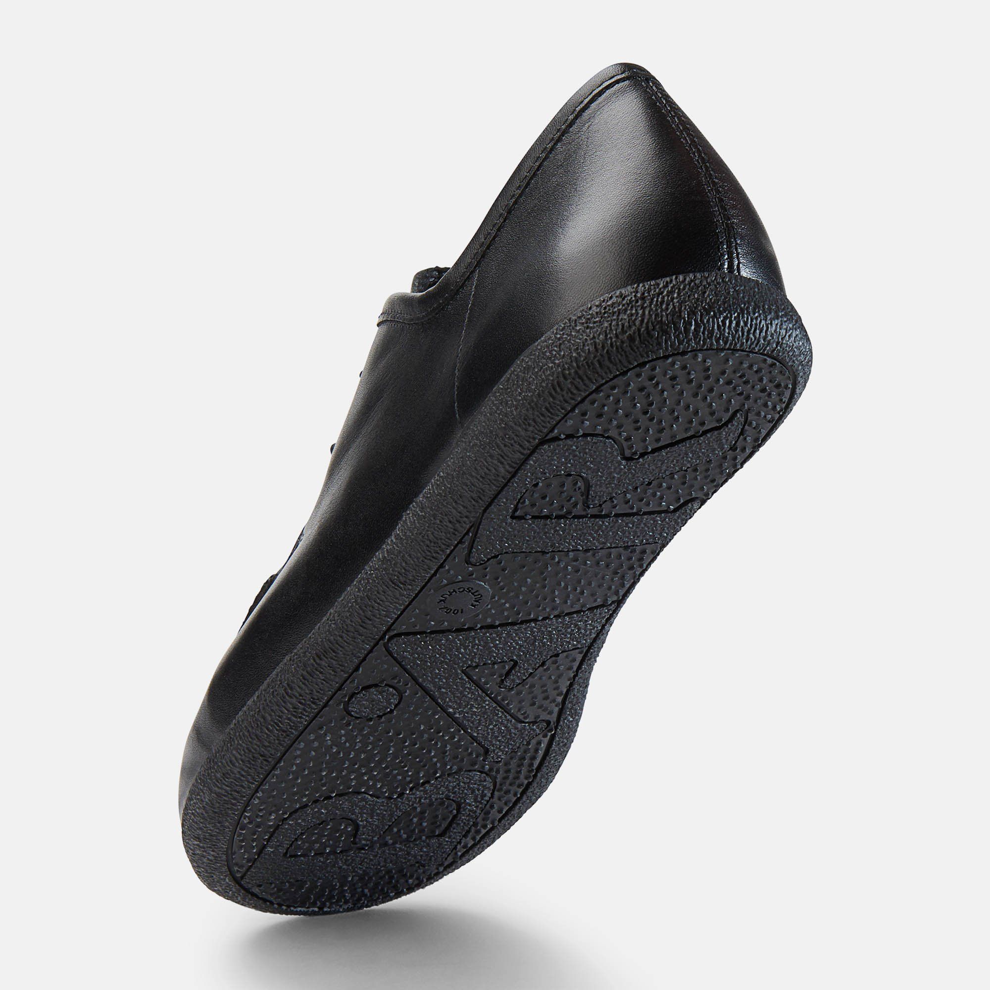 Schwarze Ledersohle. Profilierte Sohle. Schuh von unten, flache Sohle. Breite Passform.