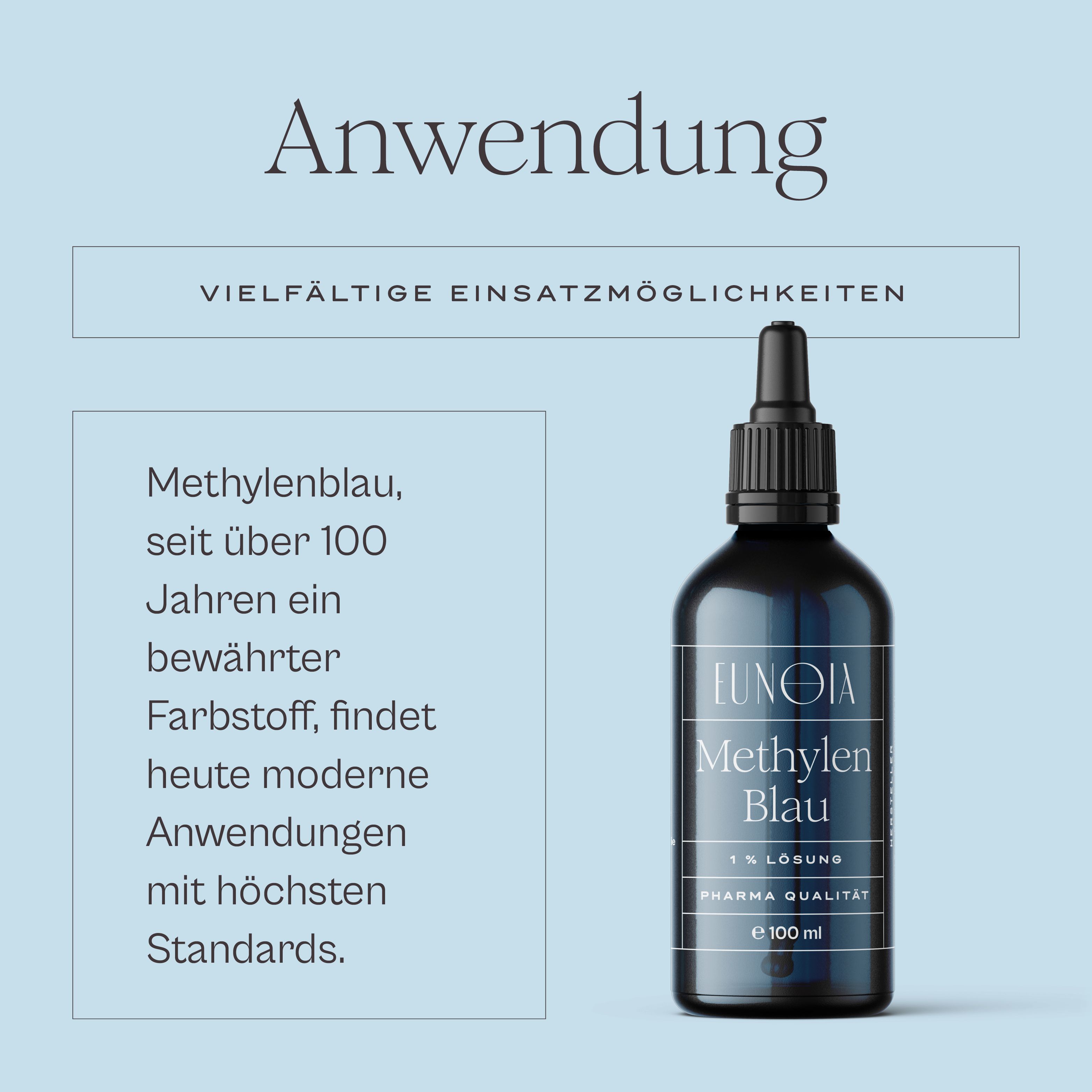 EUNOIA Methylenblau Tropfen Flasche mit Tropfer. Anwendung: vielfältige Einsatzmöglichkeiten. 1% Lösung, Pharmaqualität.