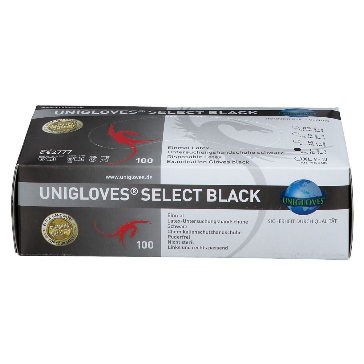 Schwarze Handschuhbox. Aufschrift: UNIGLOVES® SELECT BLACK. 100 Stück. CE-Kennzeichnung.