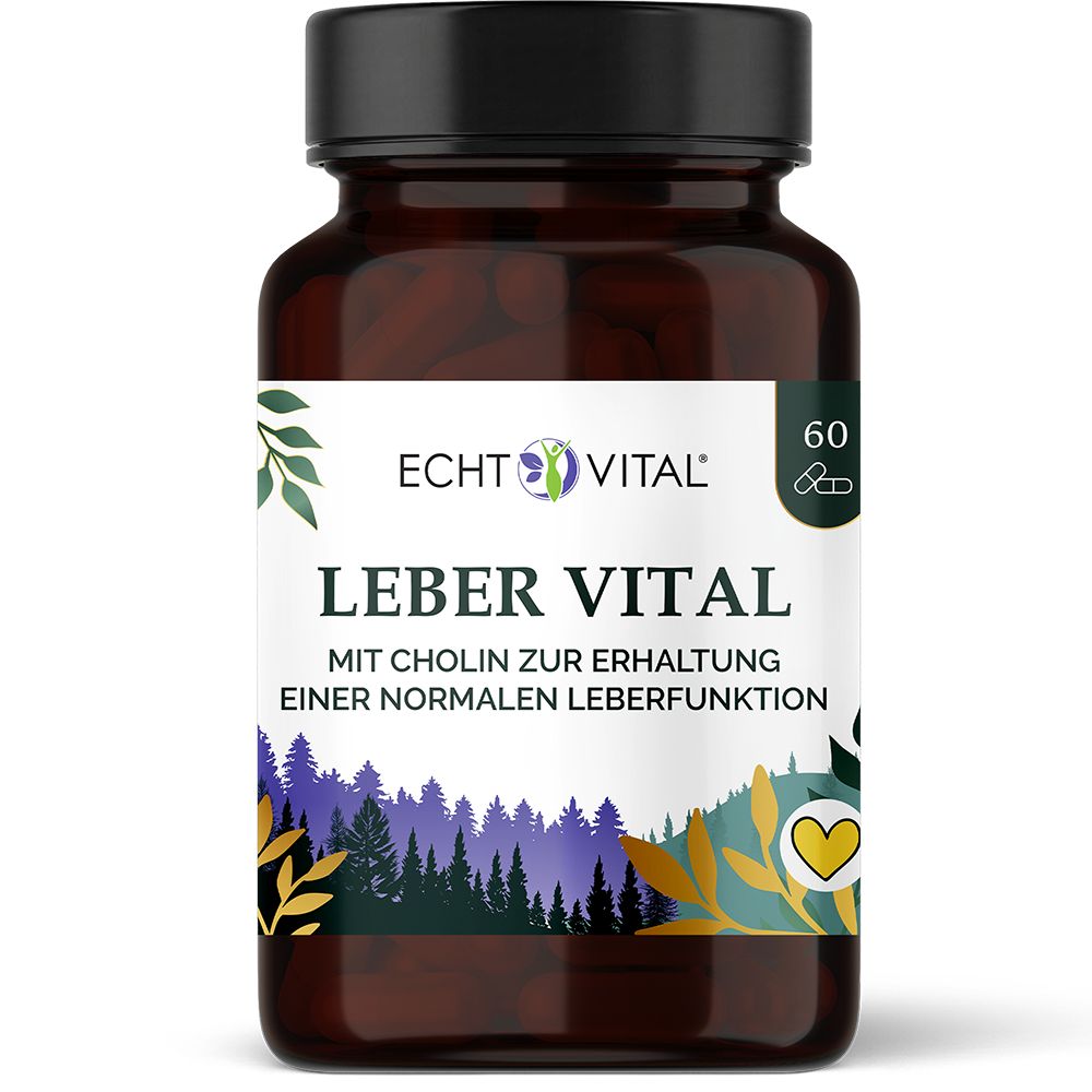 Echt Vital Leber Vital Kapseln in Braunglasflasche mit schwarzem Deckel. Etikett mit Waldmotiv und Produktinformationen.