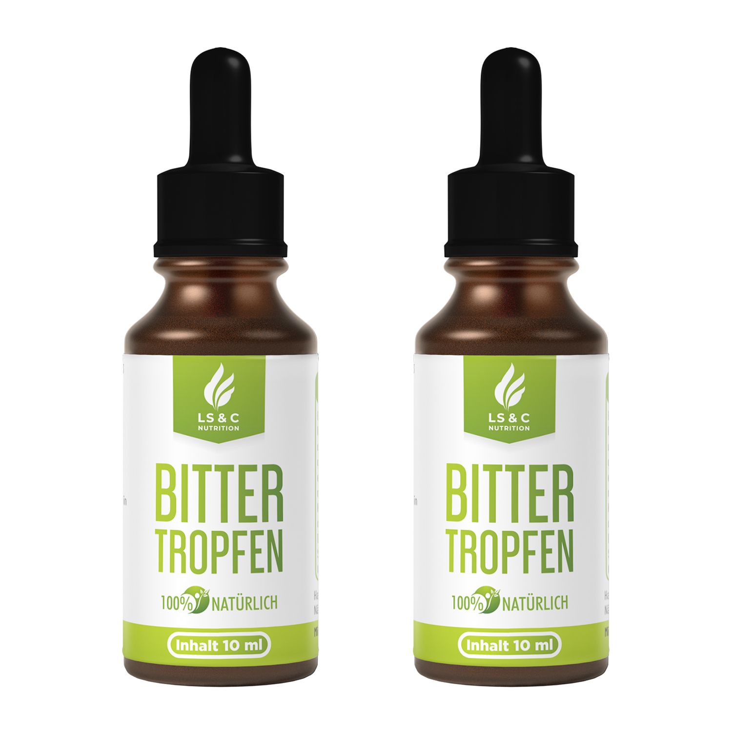Zwei braune Flaschen mit schwarzen Deckeln und Pipetten. Auf den Etiketten steht "Bitter Tropfen", "100% natürlich" und "Inhalt 10 ml".