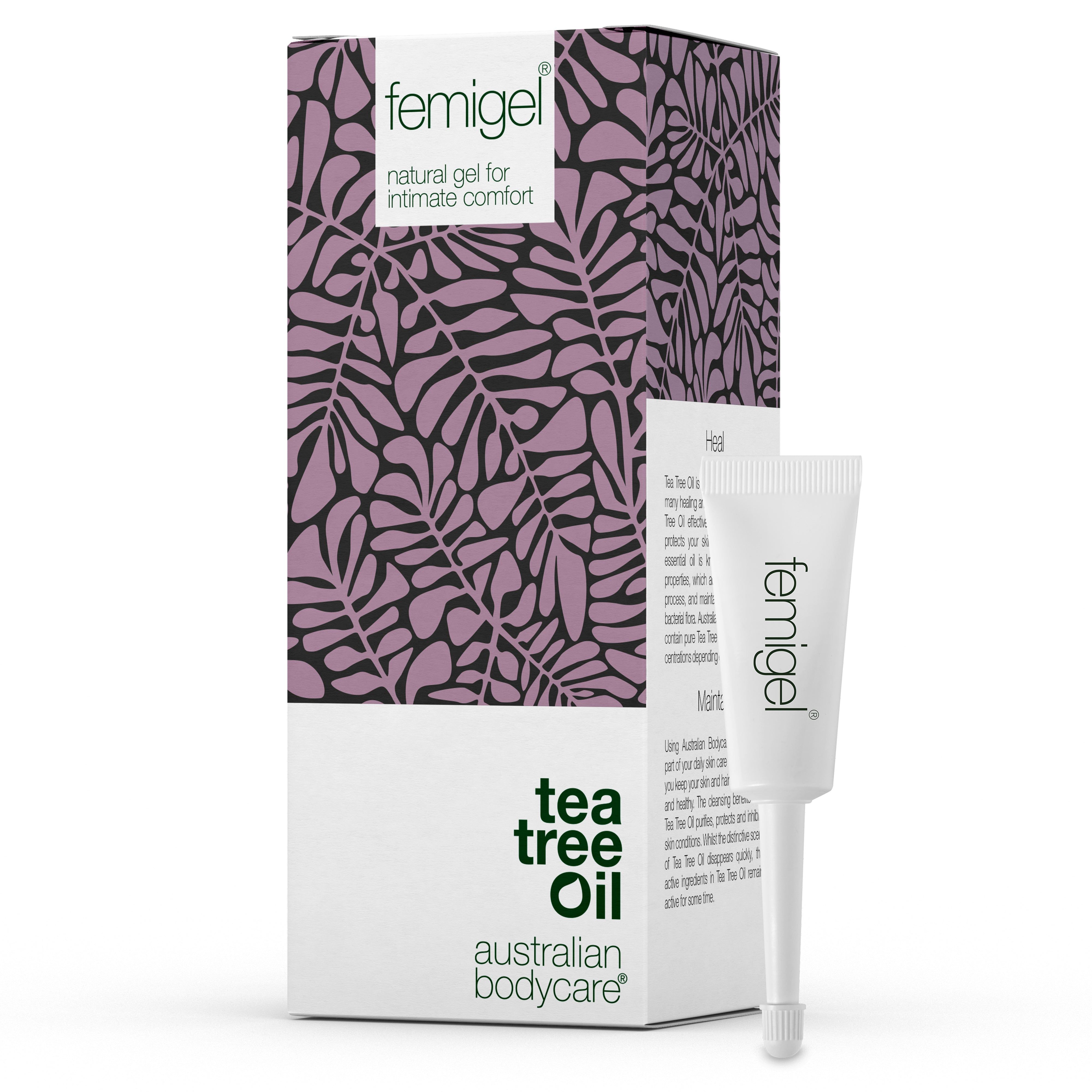 Una confezione "femigel" con tubo e applicatore. Scritta "tea tree Oil".