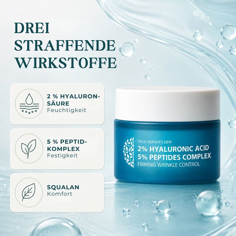 Talia Heaven's Dew 2% Hyaluronic Acid 5% Peptides Complex Firming Wrinkle Control Creme.
