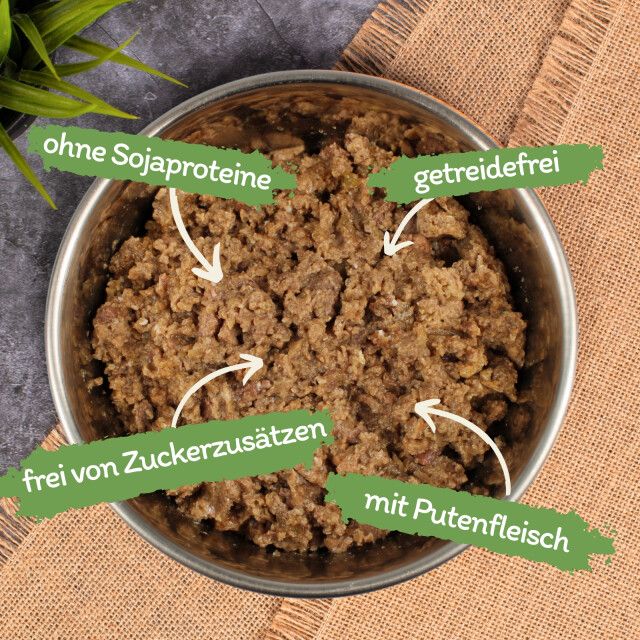Hundefutter in Schüssel. Beschriftung: ohne Sojaproteine, getreidefrei, frei von Zuckerzusätzen, mit Putenfleisch.
