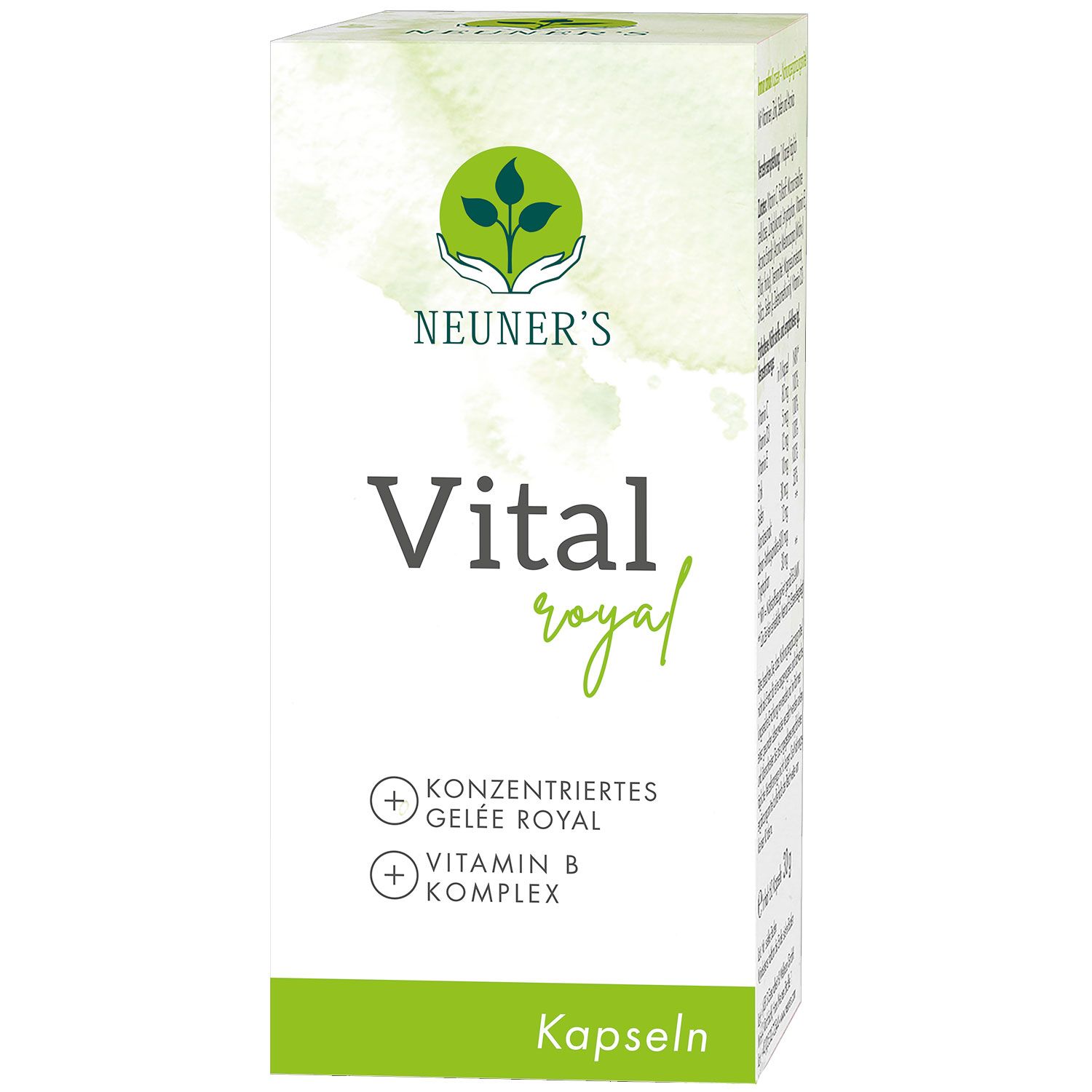 Weißer Karton mit Neuner's Vital royal Kapseln. Logo mit Händen und Blättern. Schriftzug Vital royal, darunter Kapseln.