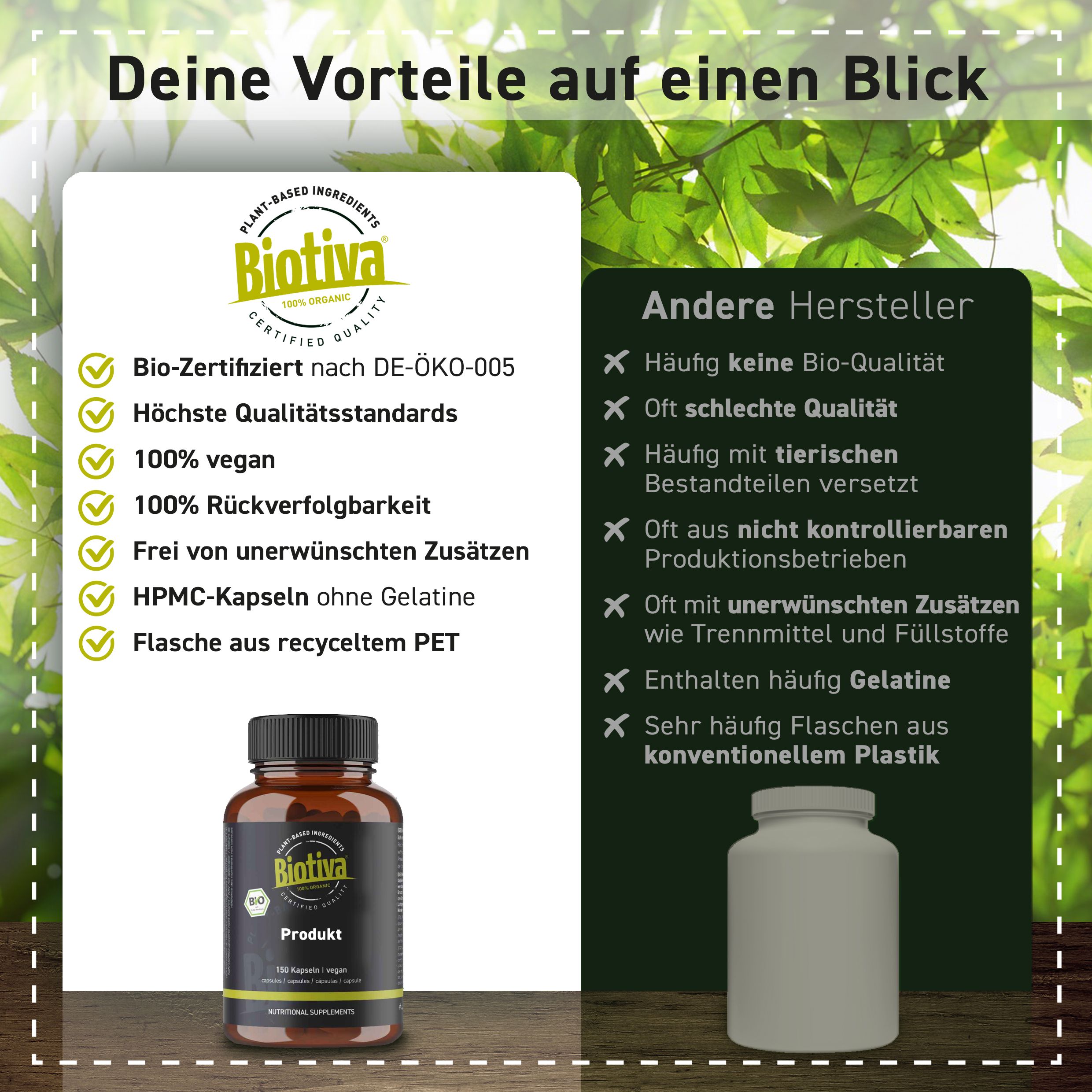 Vergleich von Biotiva Spirulina Tabletten Bio mit anderen Herstellern, Hervorhebung von Bio-Qualität und Inhaltsstoffen.