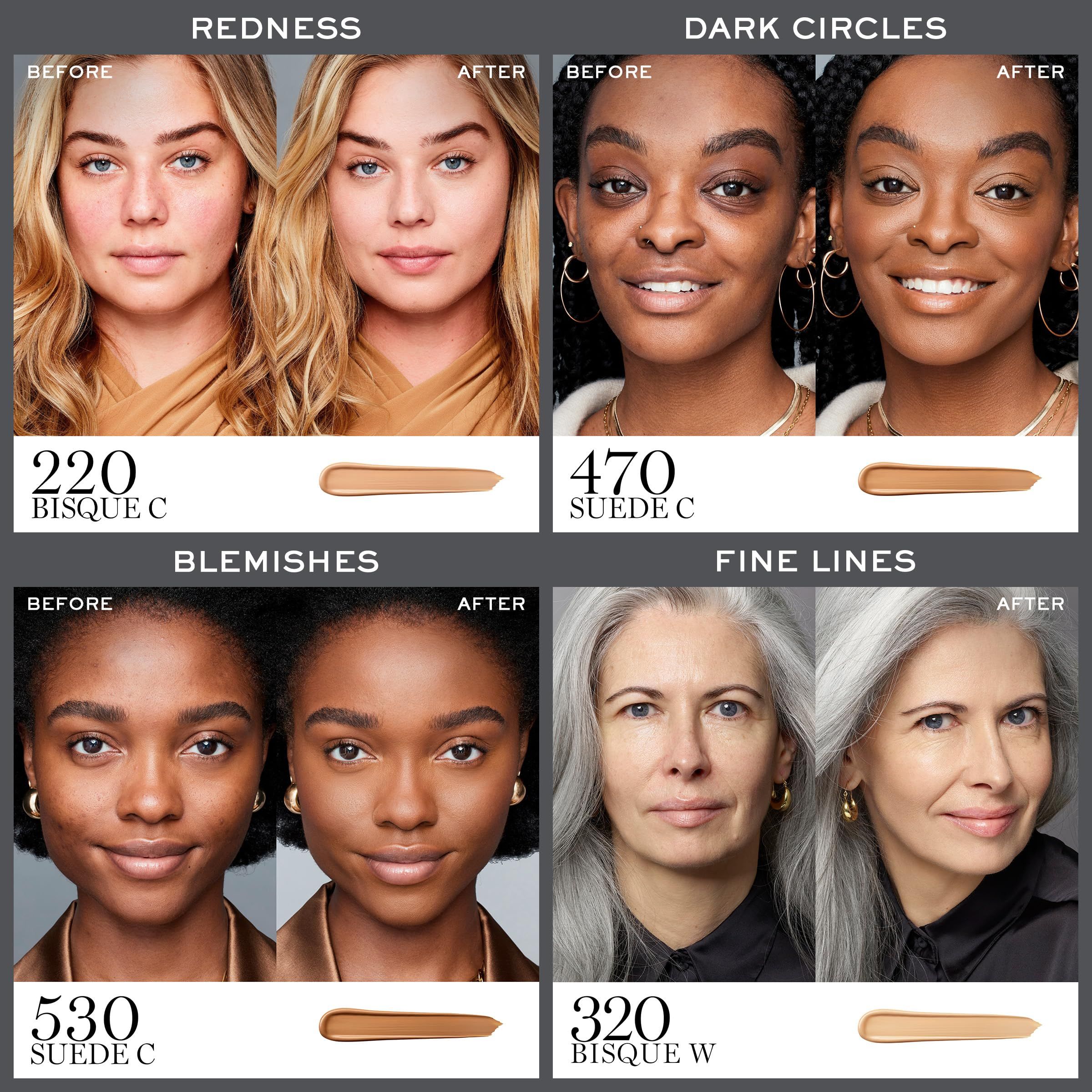 Vorher-Nachher-Vergleich. Lancôme Teint Idole Ultra Wear Concealer. Rötungen, Augenringe, Hautunreinheiten, feine Linien. Farbtöne.