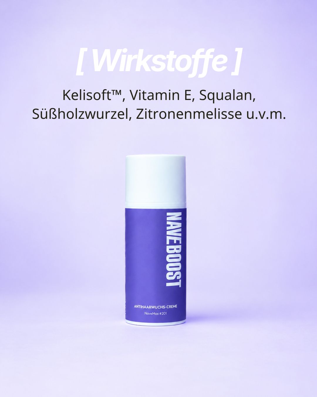Naveboost Anti-Haarwuchs-Creme in einem lila Spender. Sanfte Alternative zur Enthaarungscreme.
