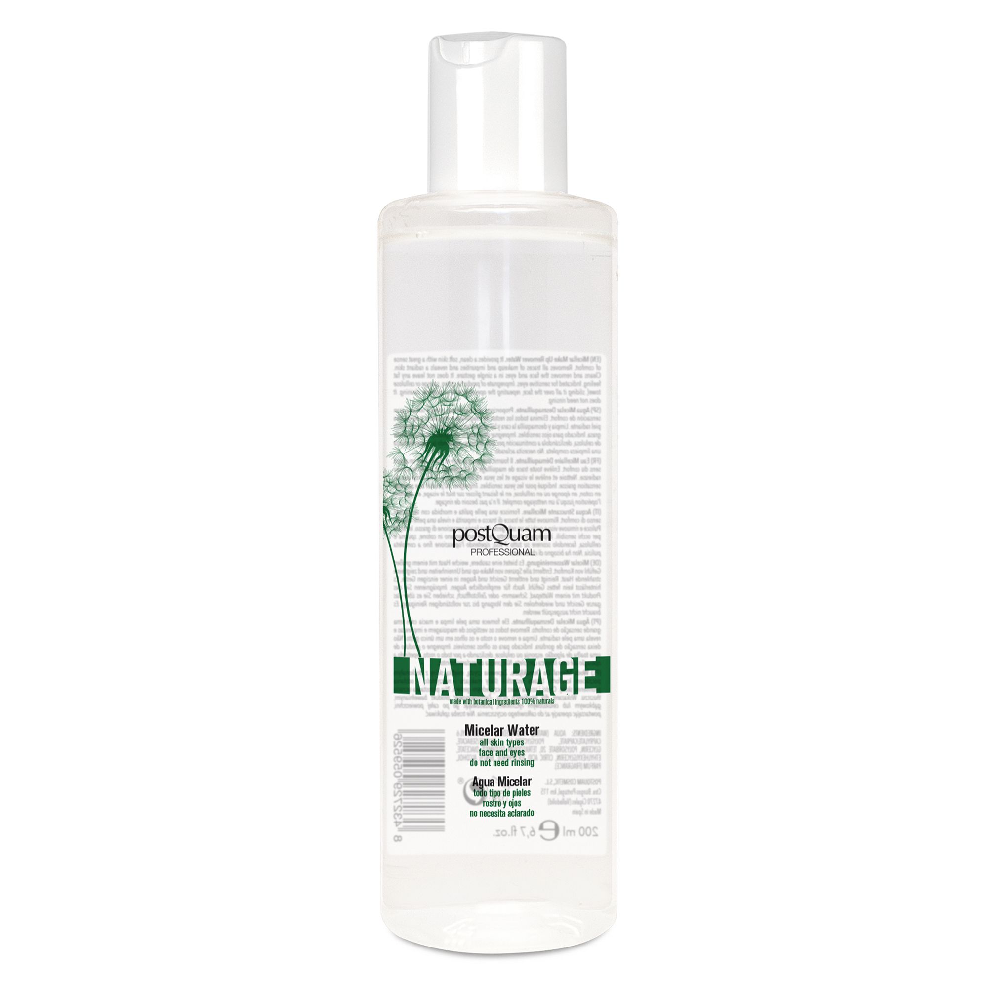 Klare Flasche mit weißem Deckel. Aufschrift: Naturage, Micellar Water, Postquam.