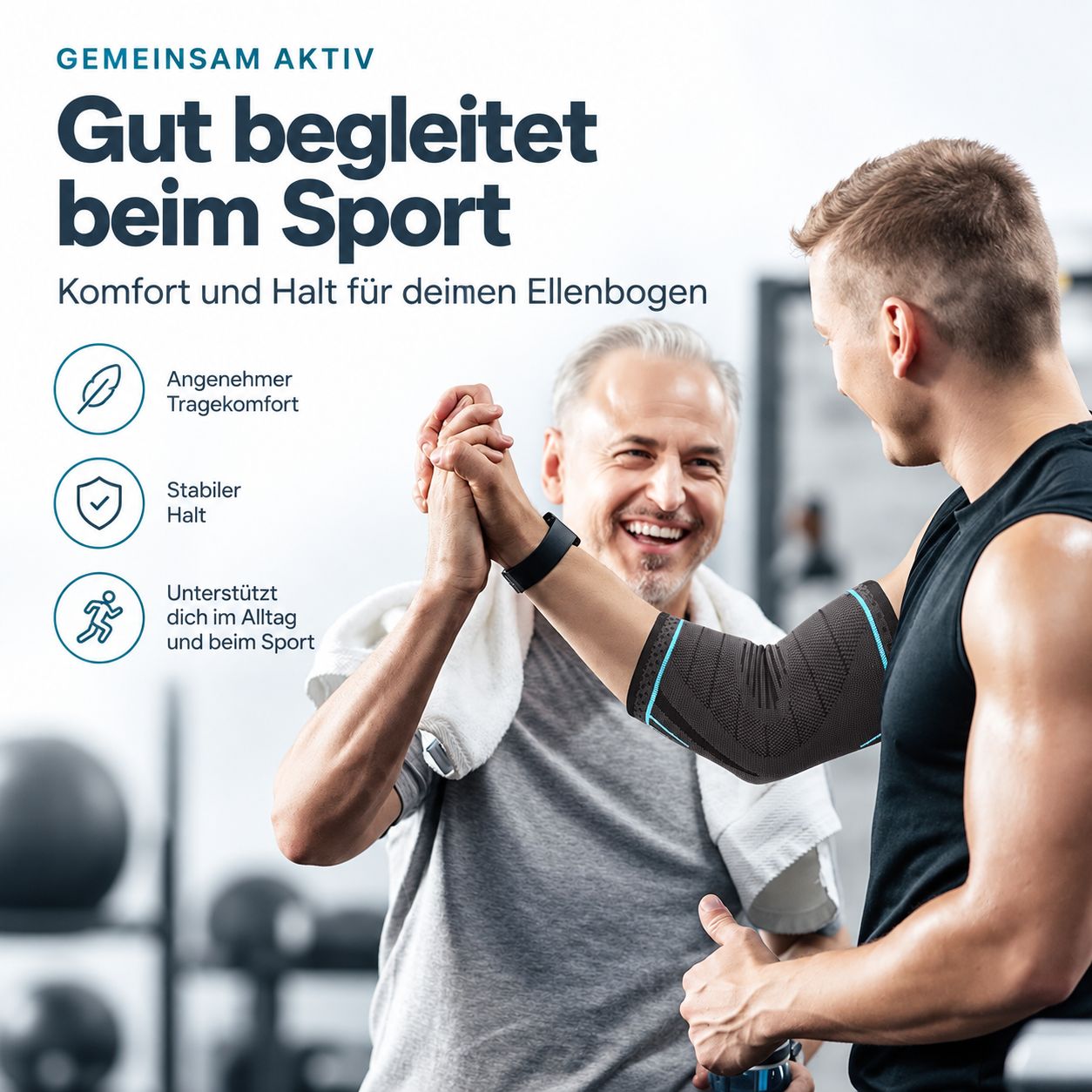 Zwei Männer im Fitnessstudio, einer trägt eine Ellenbogenbandage, die Halt beim Sport bietet.