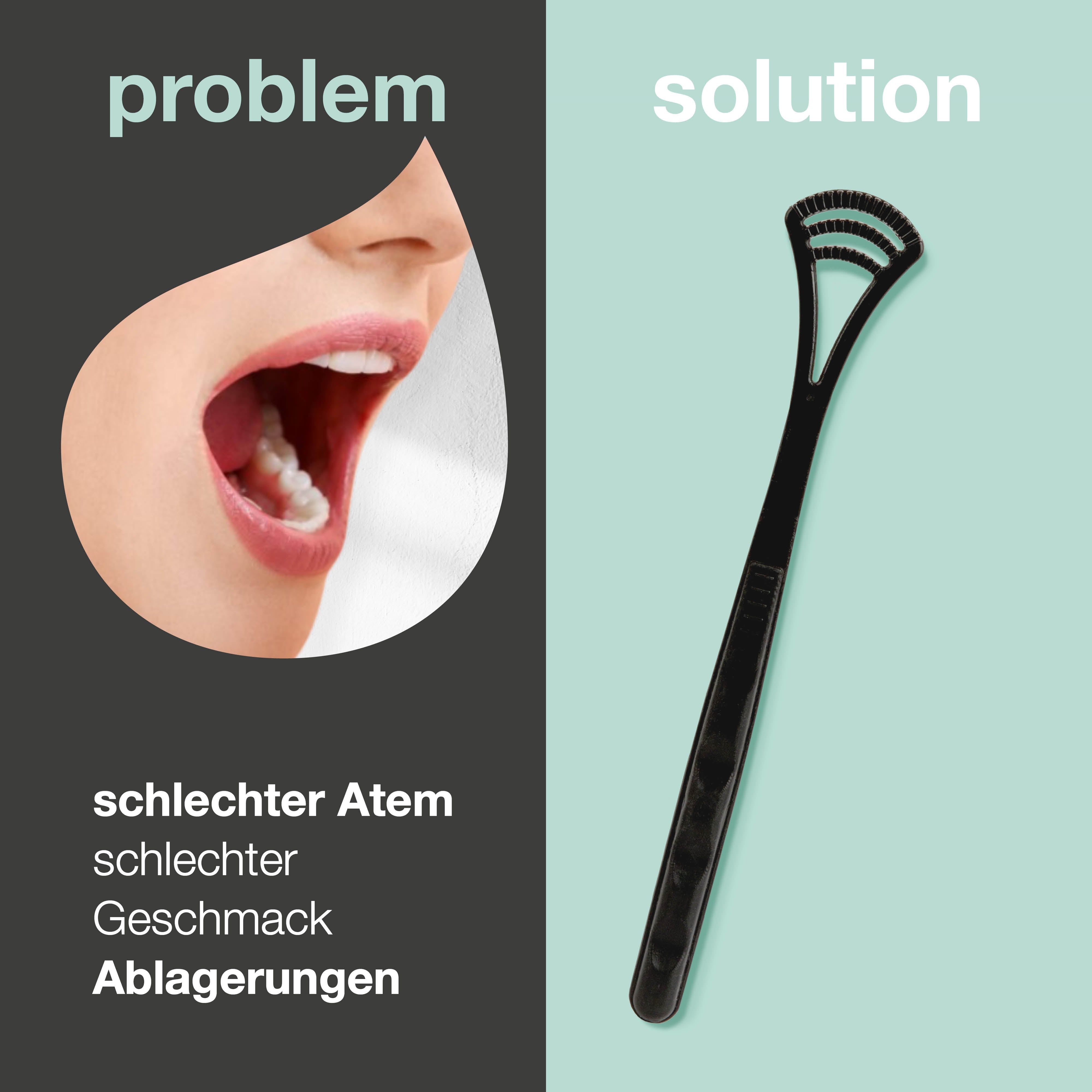 Zungenschaber neben Mund. Text: Problem, schlechter Atem, Ablagerungen. Lösung.