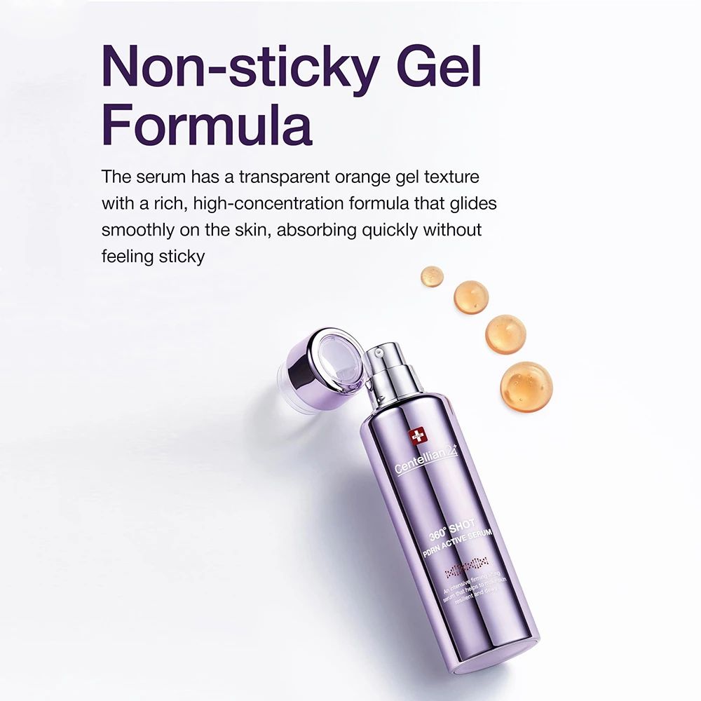 Produktflasche mit geöffnetem Deckel. Aufschrift: CENTELLIAN24, 360° SHOT PDRN ACTIVE SERUM. Gel-Textur.