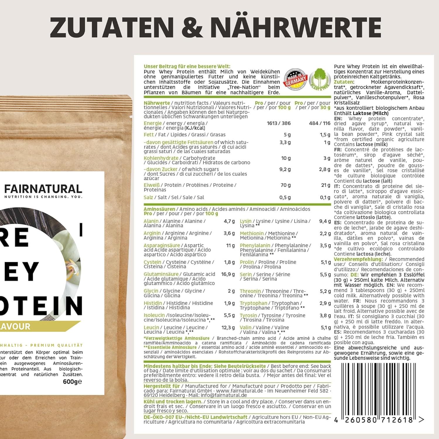 Nährwerttabelle auf Verpackung von FAIRNATURAL Bio Whey Protein-Pulver. Enthält Informationen zu Inhaltsstoffen und Nährwerten.