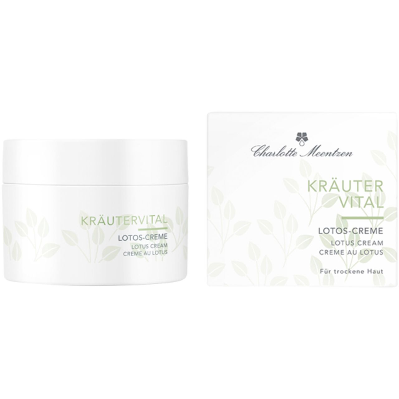 Creme-Tiegel und Karton. Aufschrift: Kräutervital Lotos-Creme, Lotus Cream, Crème au Lotus. Marke: Charlotte Meentzen. Für trockene Haut.
