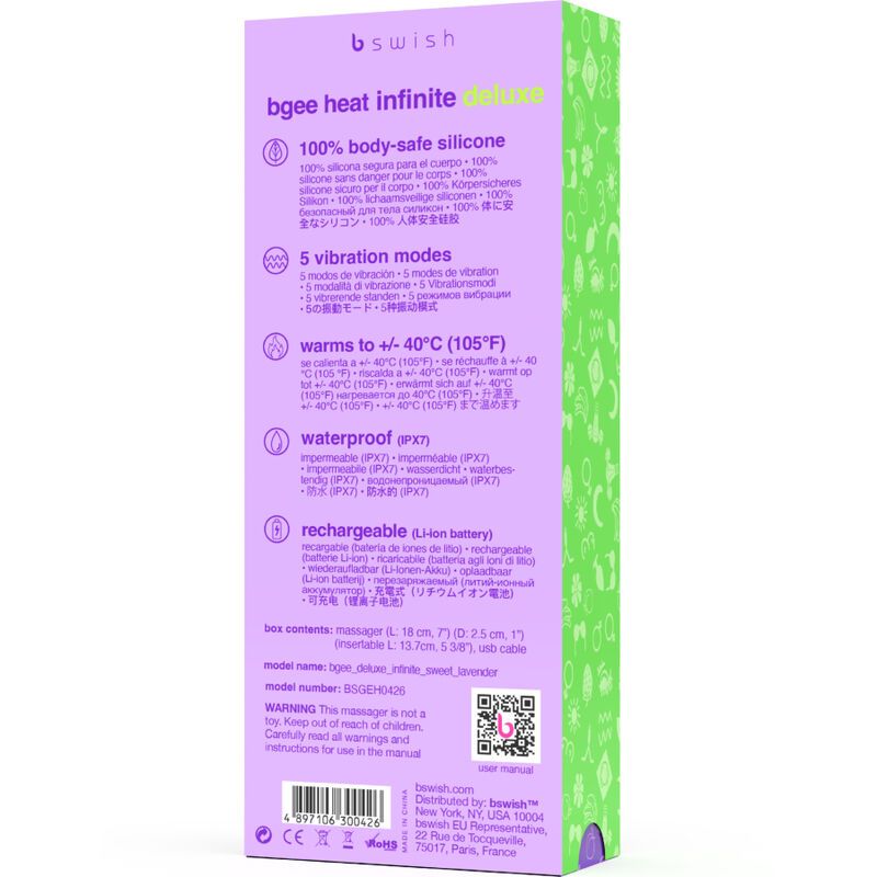 Rückseite der Verpackung für Heizvibrator. Produktinformationen, Logo und Zertifizierungen.