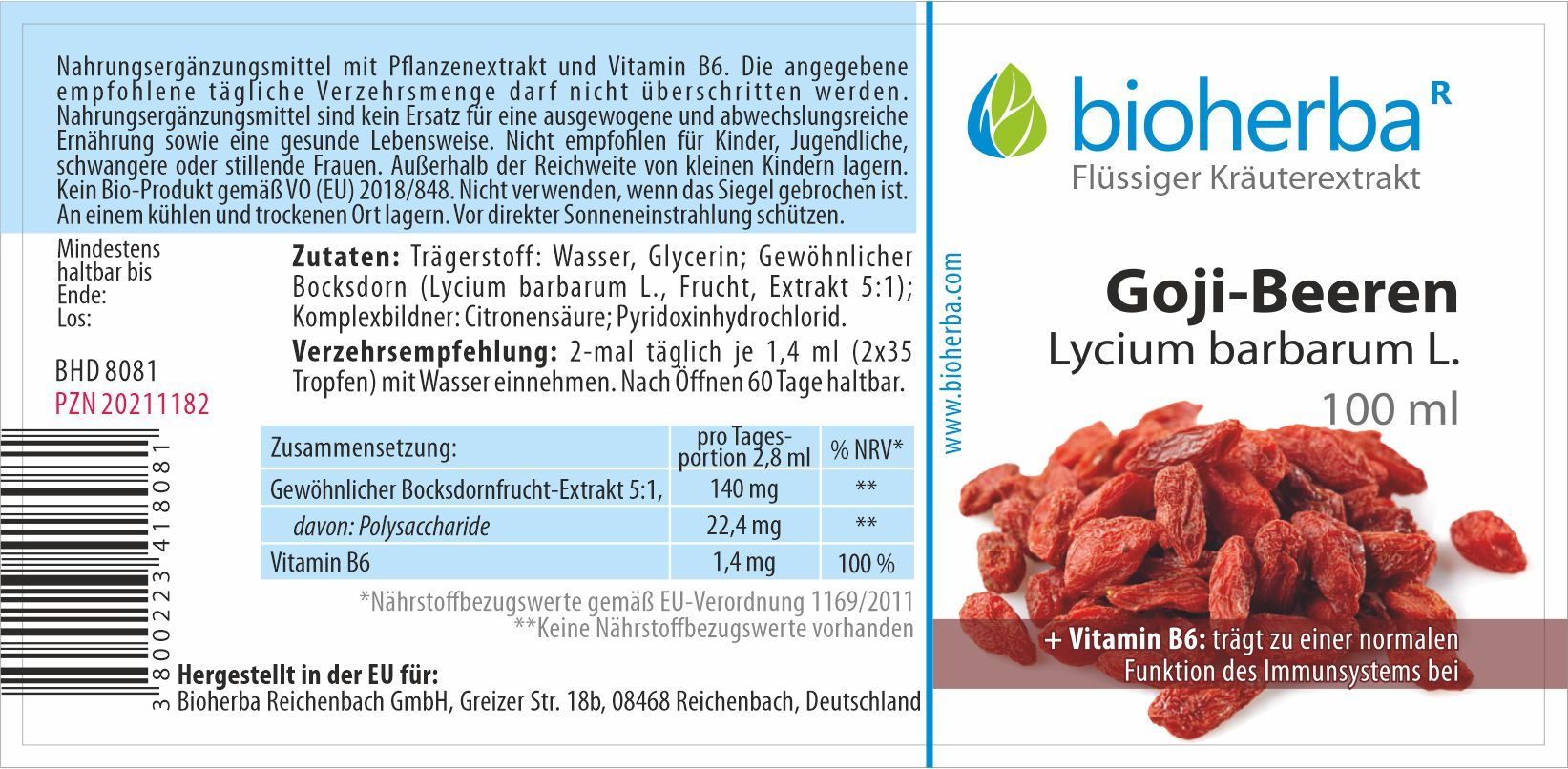 Bioherba Goji-Beeren Lycium barbarum L. Tropfen Tinktur