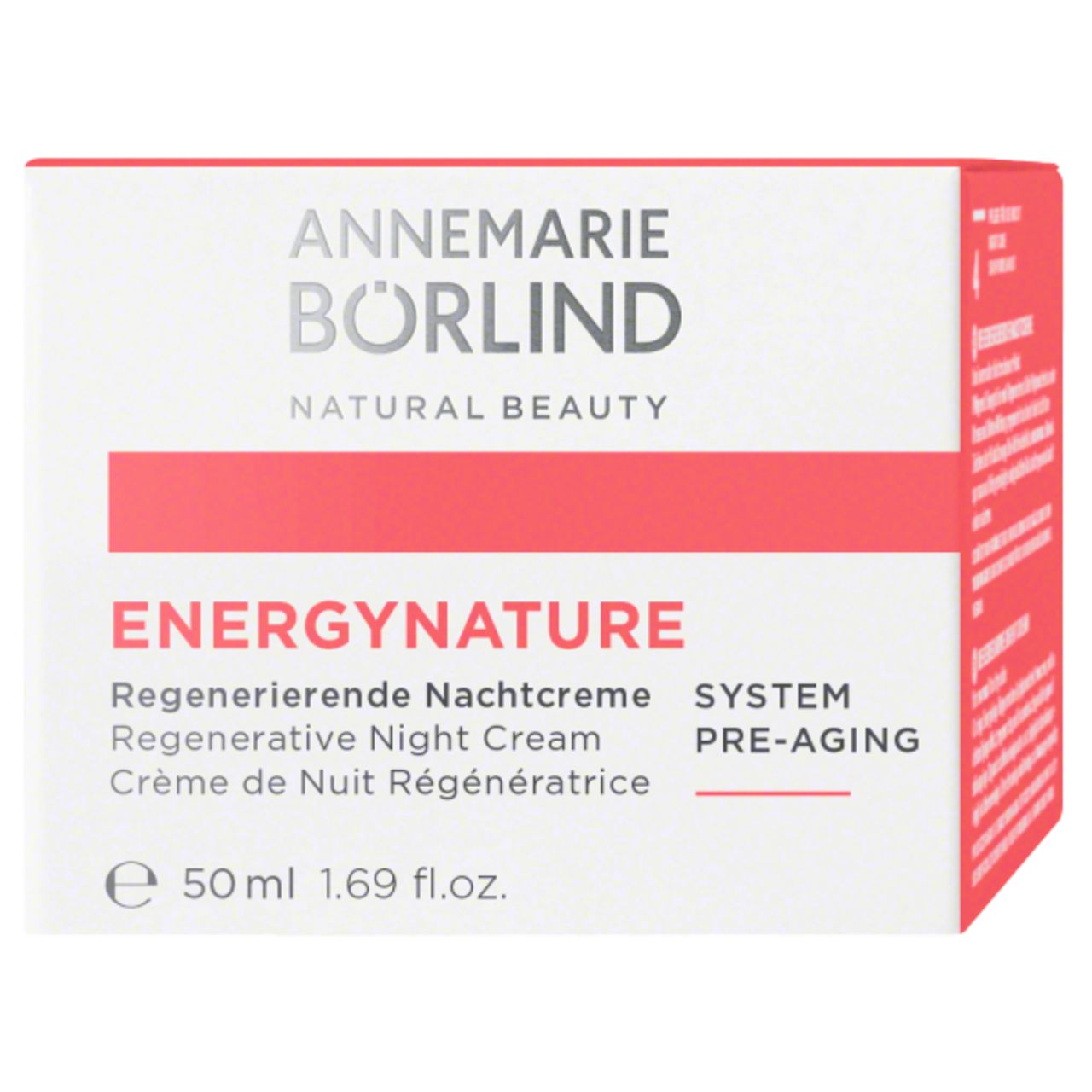 Verpackung der Nachtcreme. Aufschrift ANNEMARIE BÖRLIND. ENERGYNATURE. Regenerierende Nachtcreme. 50 ml.