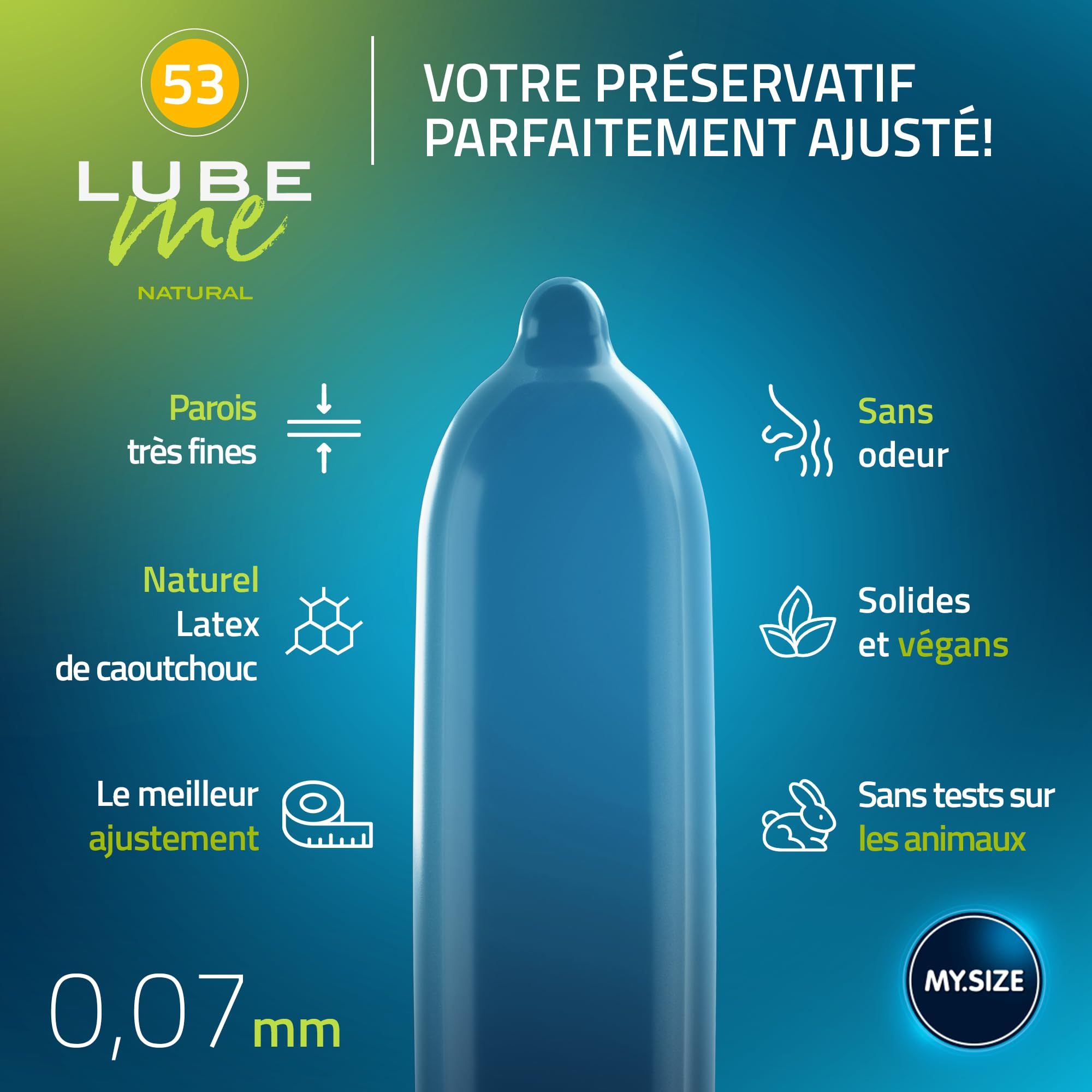 Blauer Kondom aus Naturkautschuklatex, 0,07 mm dünn, geruchlos, solide und vegan, tierversuchsfrei.