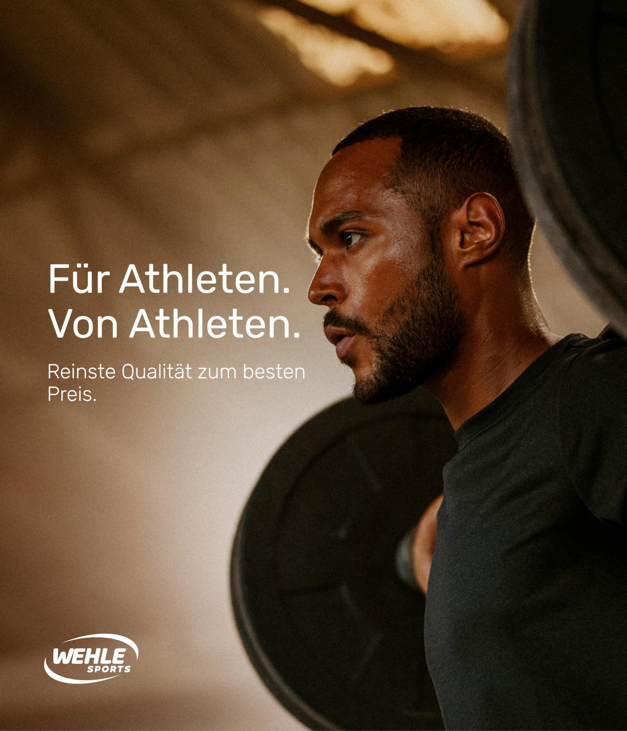 Mann im Profil, der Gewichte hebt. Text: 'Für Athleten. Von Athleten. Reinste Qualität zum besten Preis.' Wehle Sports Logo.