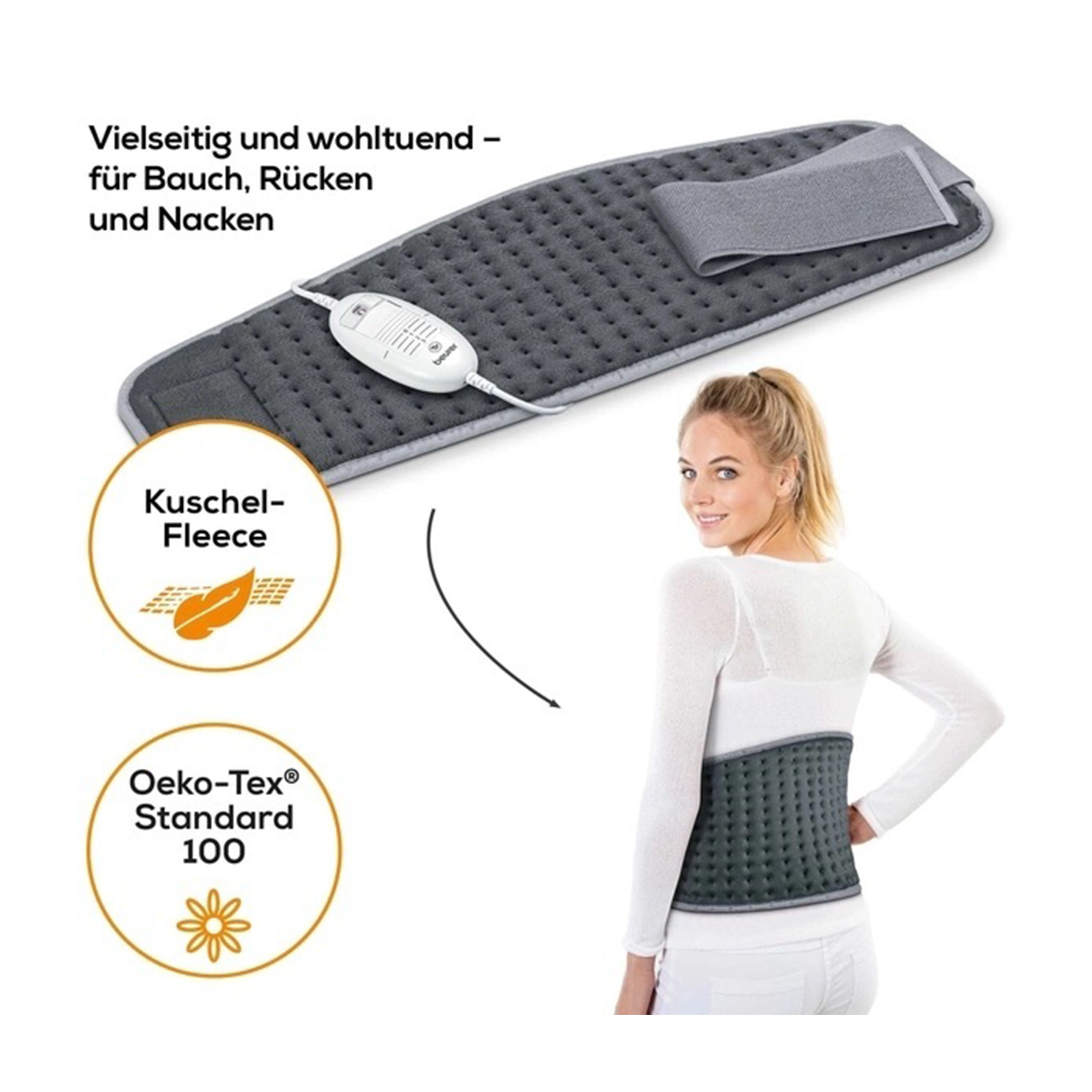Graues Heizkissen mit Kabel und Steuerung. Oeko-Tex Standard 100 Zertifizierung. Kuschel-Fleece-Material. Frau trägt Kissen am Rücken.