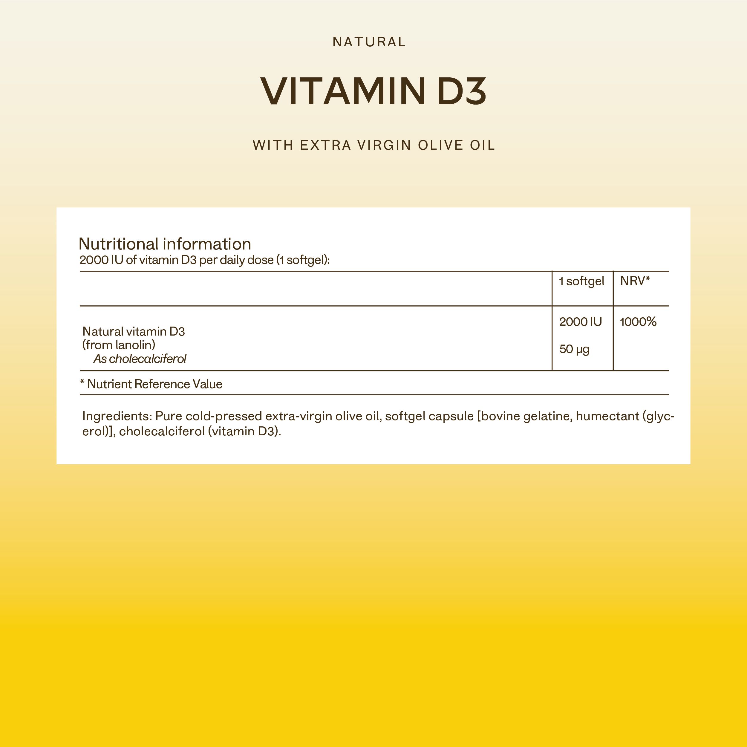 Text auf gelbem Hintergrund. Aufschrift: Vitamin D3, Nährwertangaben, Inhaltsstoffe.