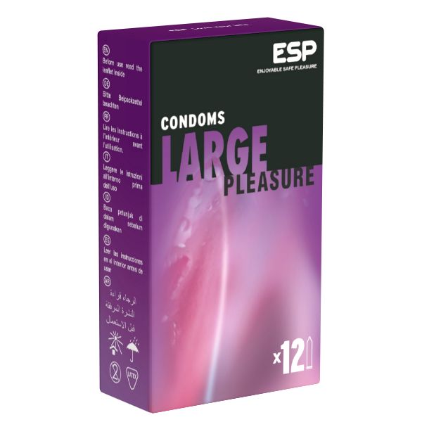 Verpackung mit Kondomen. Aufschrift: "CONDOMS LARGE PLEASURE". Marke ESP. Packung mit 120 Kondomen.