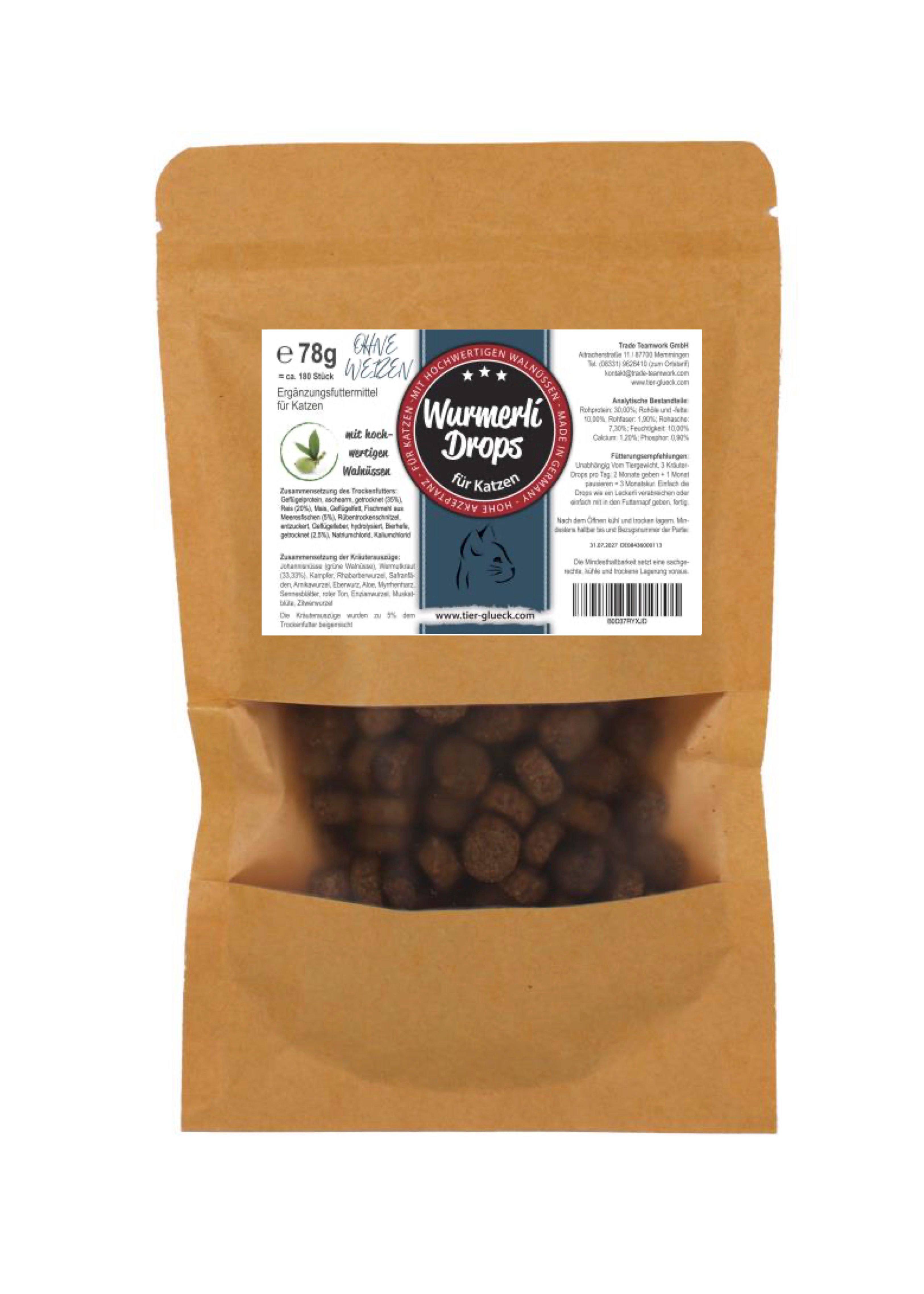 TierGlück Wurmerli Drops Katze ohne Weizen – Katzen-Leckerlis mit Walnuss & Wermut 78 g Futter