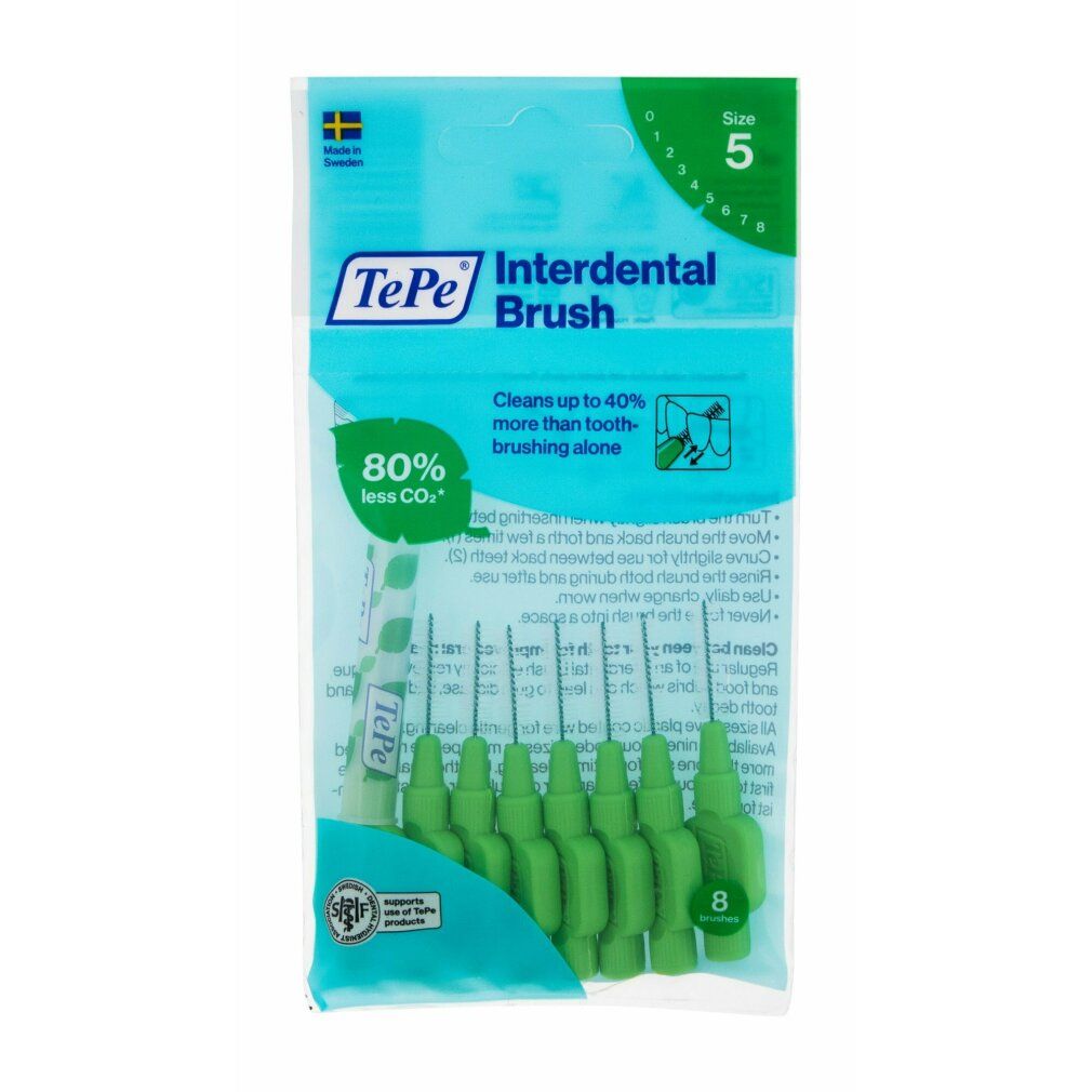 Interdentalbürsten in Verpackung. Grün, 8 Stück. Text: TePe Interdental Brush, 0,8 mm. Mit schwedischer Flagge.
