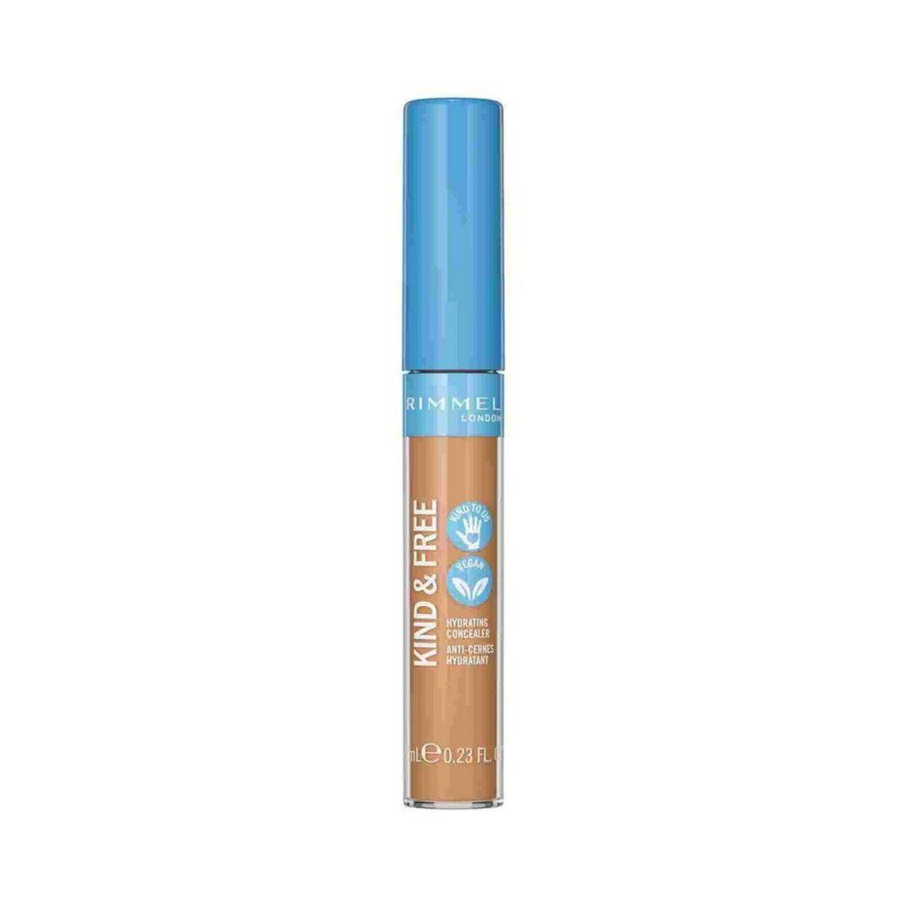 Concealer-Tube mit blauem Deckel. Aufschrift: KIND & FREE, Rimmel London. Farbton: 30-Medium. Vegan-Siegel.