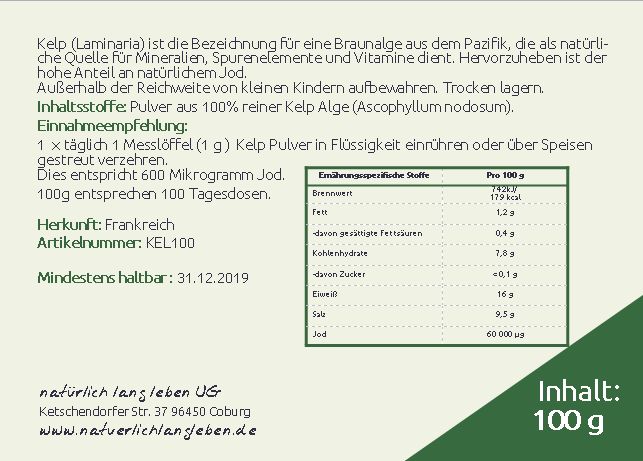Rückseite der Verpackung mit Text und Nährwerttabelle. Aufschrift: natürlich lang leben, Inhalt: 100 g.