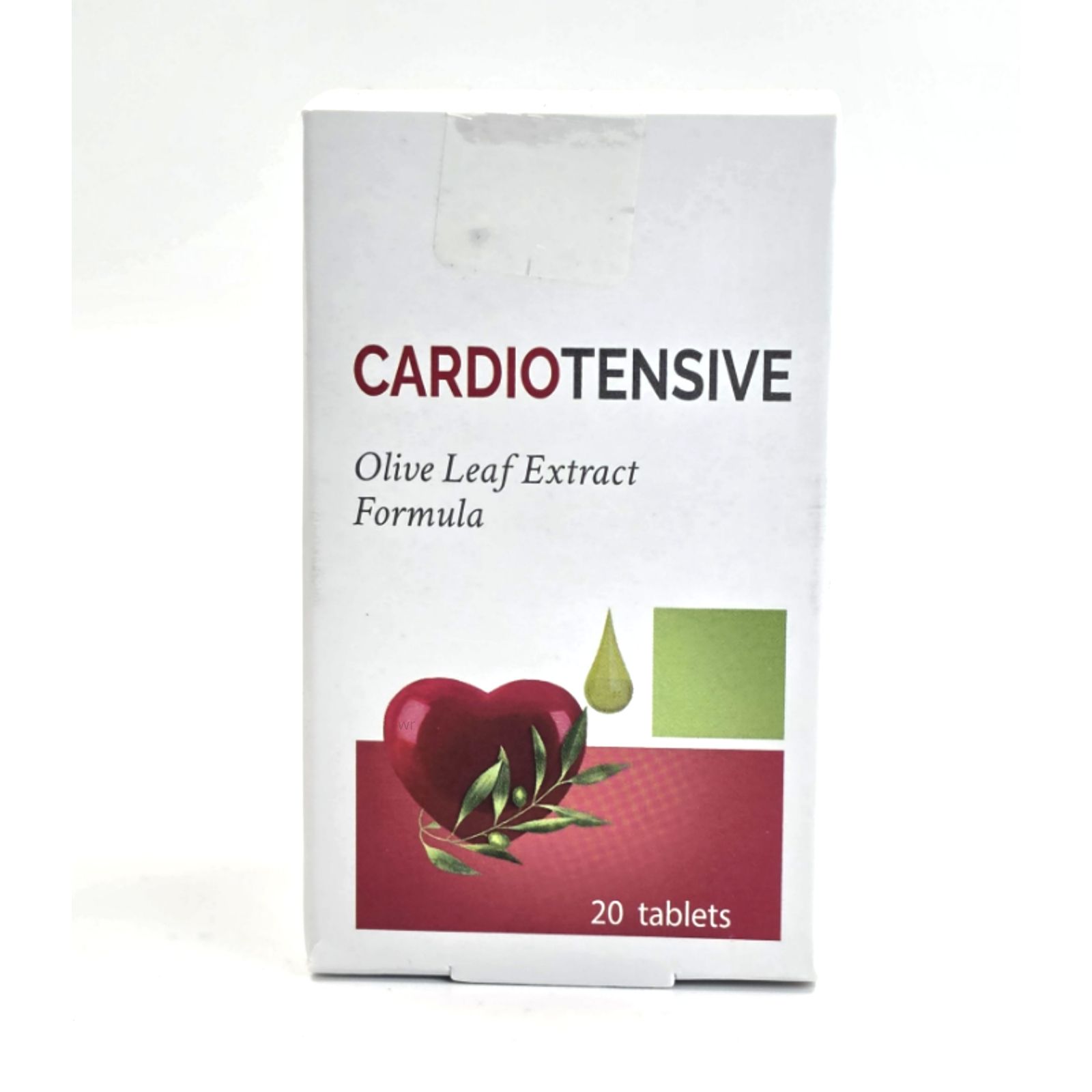 Weiße Schachtel mit CARDIO TENSIVE, Olivenblattextrakt-Formel, Herz-Design, 20 Tabletten. Nur die Schachtel ist sichtbar.