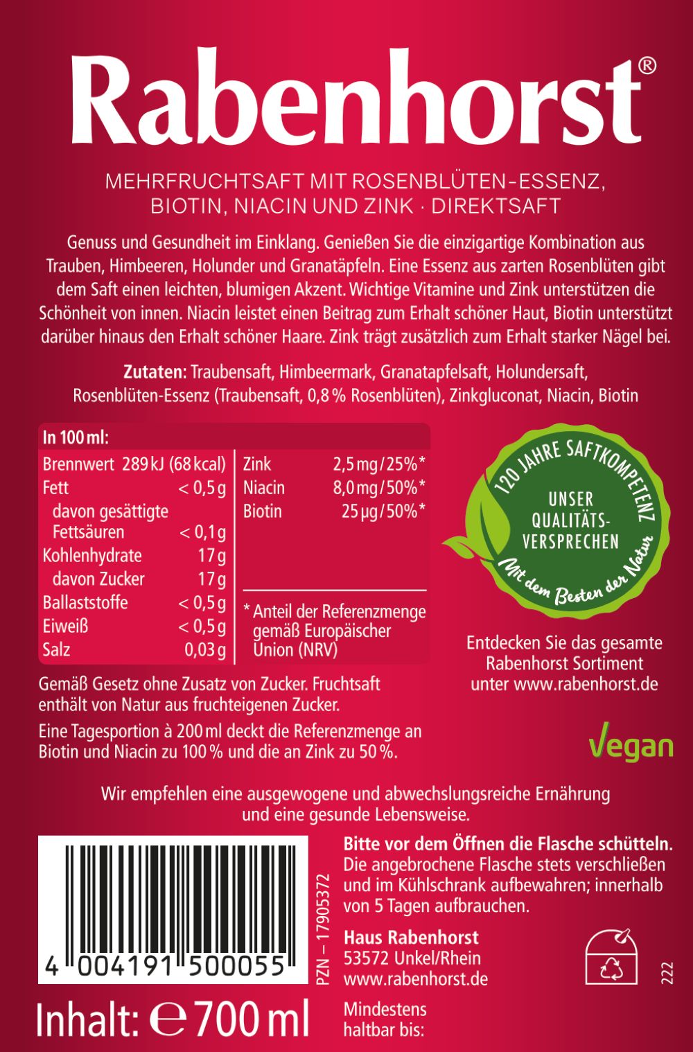 Rückseite der Flasche Rabenhorst Innere Schönheit mit Biotin. Text mit Inhaltsstoffen, Nährwerten und Zertifizierungen.