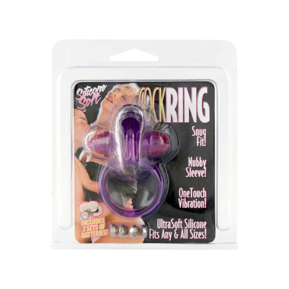 Lila Cockring in Verpackung. Text: Silicone Soft, Snug Fit, passt für alle Größen, Nubby Sleeve, One-Touch Vibration. Inkl. Batterien.