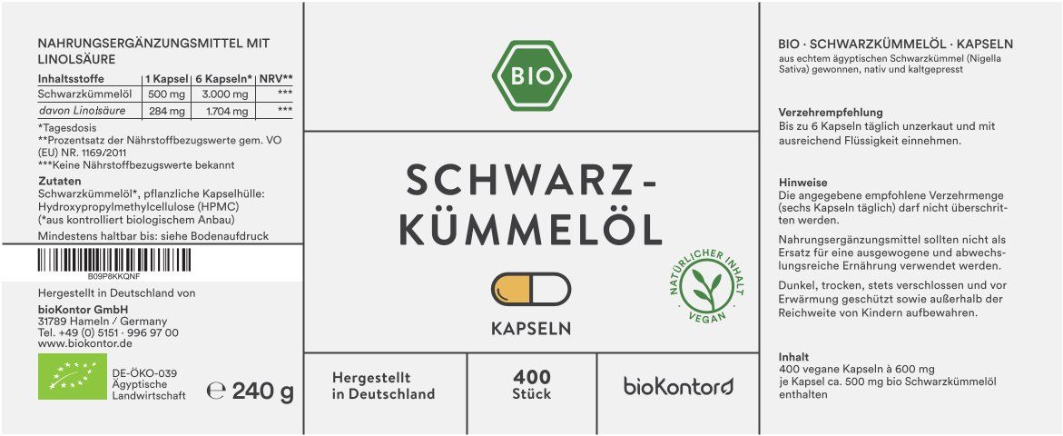 Weißes Etikett mit Text. Enthält Informationen zu Schwarzkümmelöl Kapseln, 400 Stück. Bio-Siegel, vegan.
