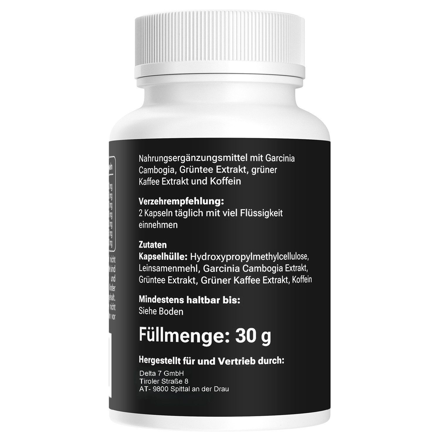 Rückseite der Flasche. Text: Nahrungsergänzungsmittel mit Garcinia Cambogia, Grüner Tee Extrakt, Kaffee Extrakt und Koffein. Füllmenge: 30 g.