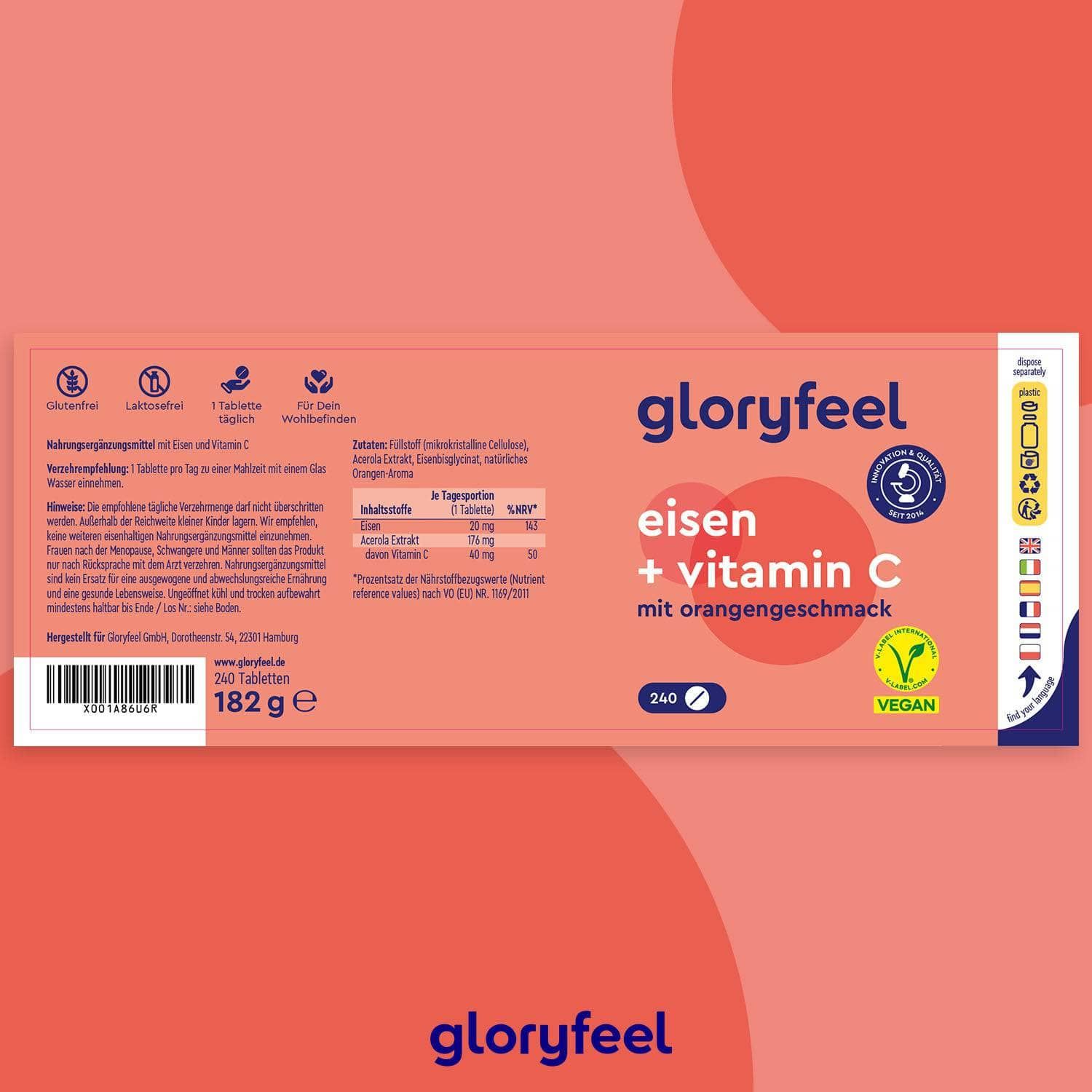 Verpackung gloryfeel Eisen + Vitamin C. Rosa Hintergrund. 240 Tabletten. Vegan-Siegel. Nährwertangaben.
