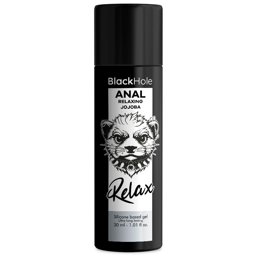 Schwarze Flasche mit BlackHole Anal Relaxing Jojoba Gel. Enthält 30 ml.
