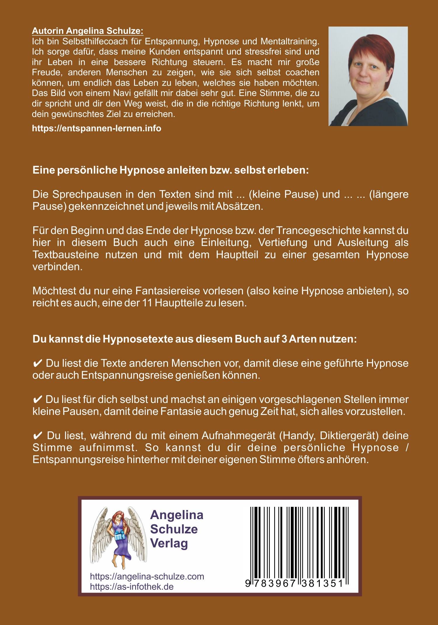 Rückseite des Buches. Text über Hypnose und Autorin Angelina Schulze. Barcode und Verlagslogo.