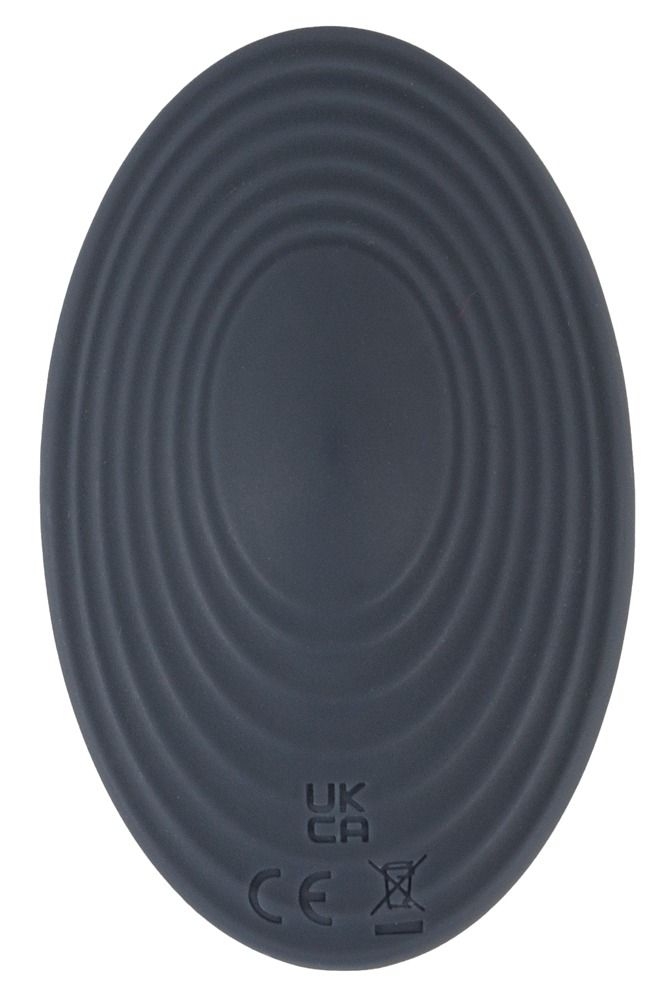 Dunkelgrauer, ovaler Vibrator mit konzentrischen Rillen. UK CA und CE-Kennzeichnung.
