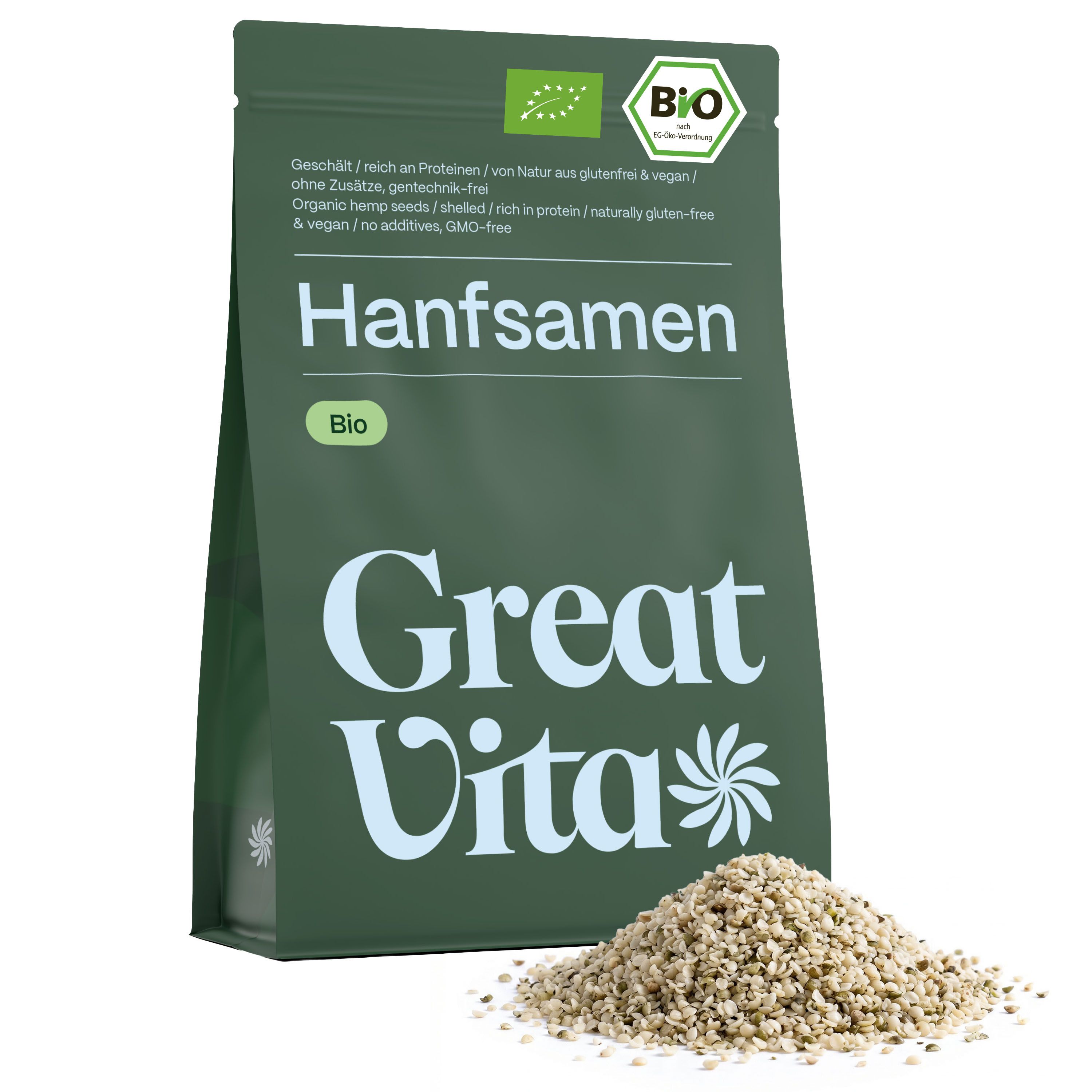 Grüne Verpackung 'Great Vita Hanfsamen Bio' mit einem Haufen Samen davor.