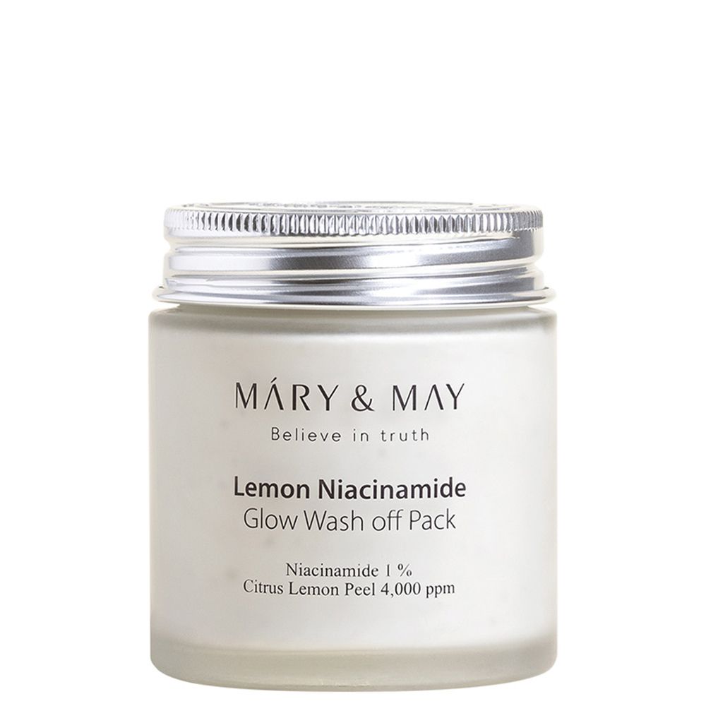 MARY & MAY Lemon Niacinamide Glow Wash Off Pack in einem matten Glasbehälter mit silbernem Deckel.