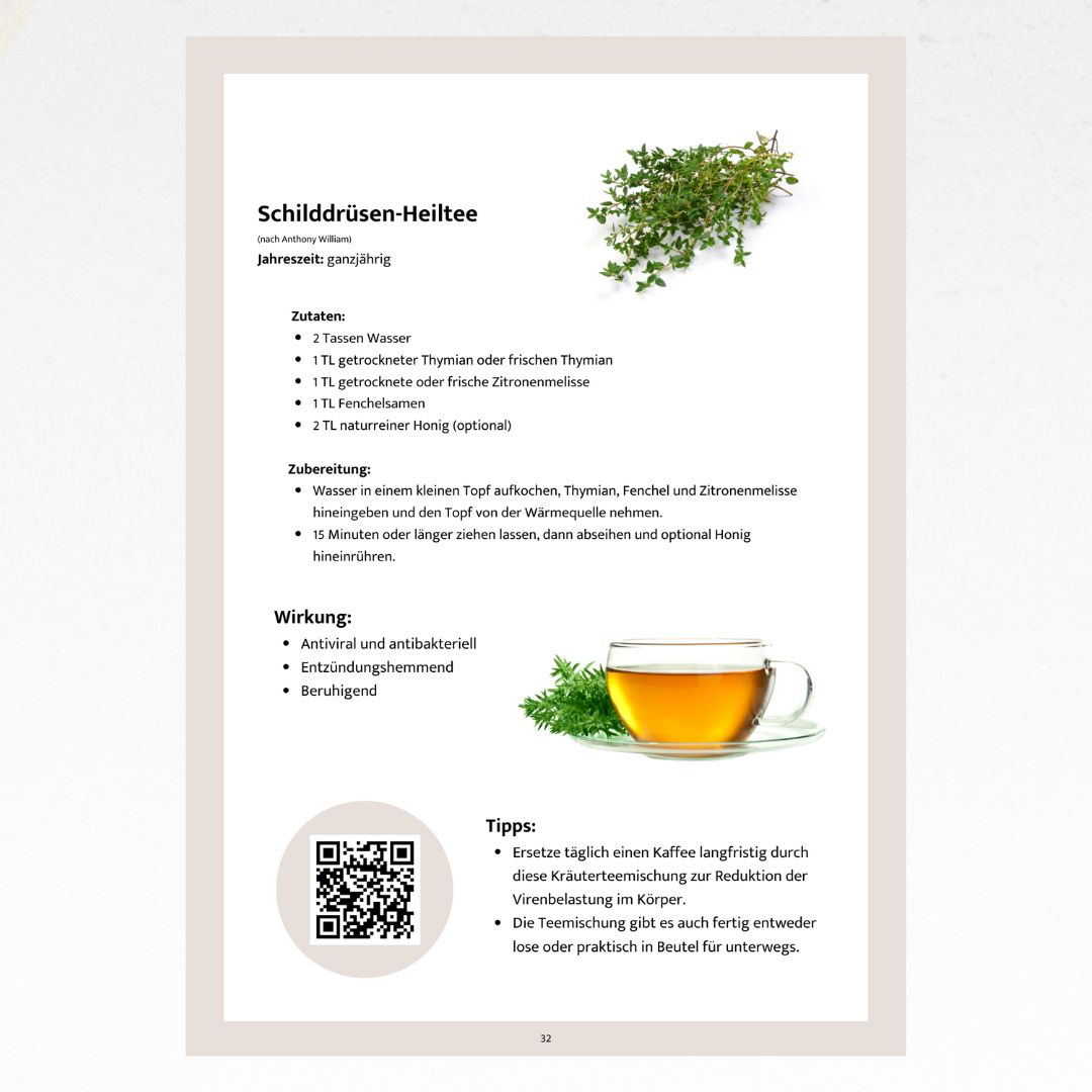 Buchseite mit Rezept "Schilddrüsen-Heiltee". Zutaten und Zubereitung. Abbildung einer Tasse Tee und Kräutern.
