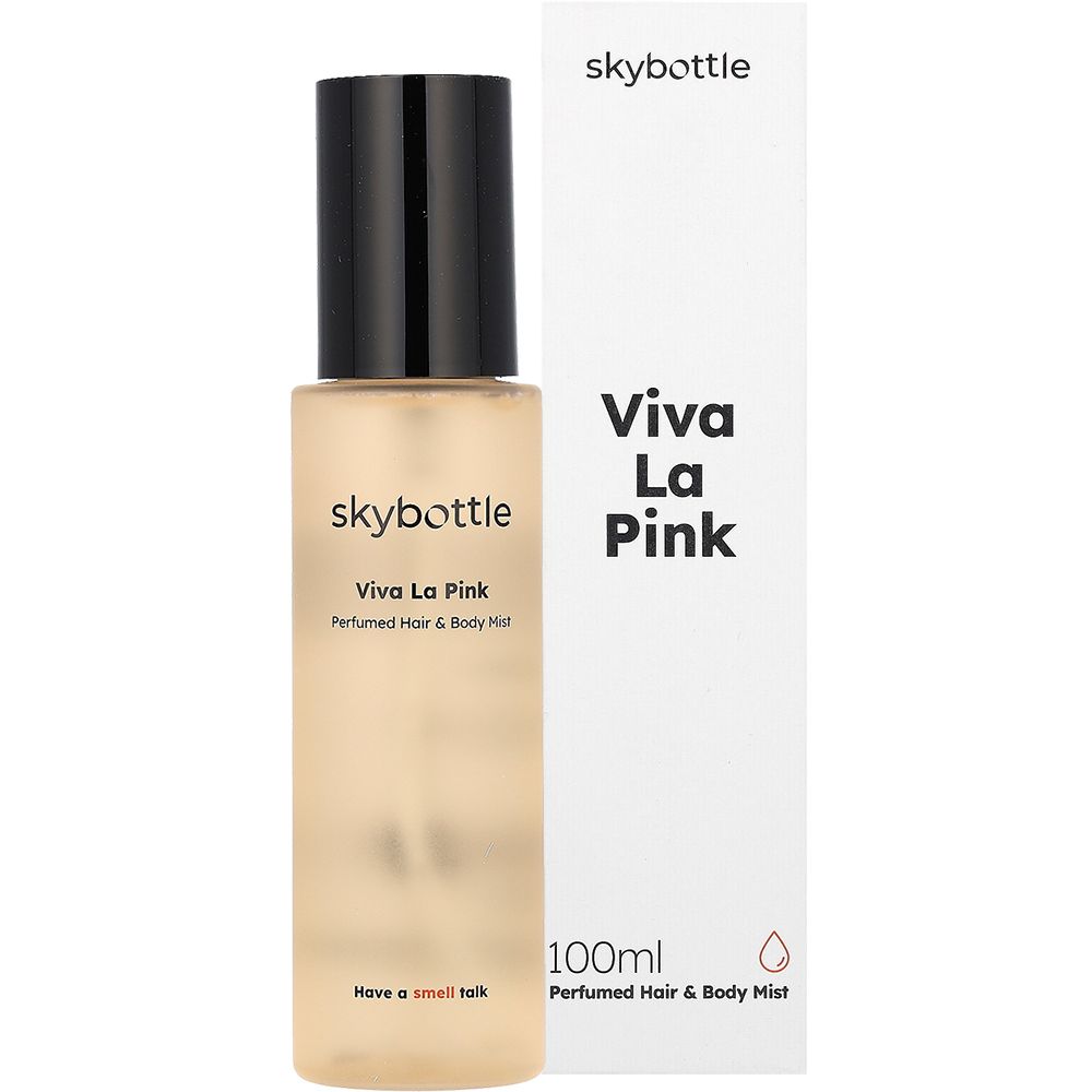 SKYBOTTLE Viva La Pink Hair & Body Mist und Verpackung. Weißer Karton, Text.