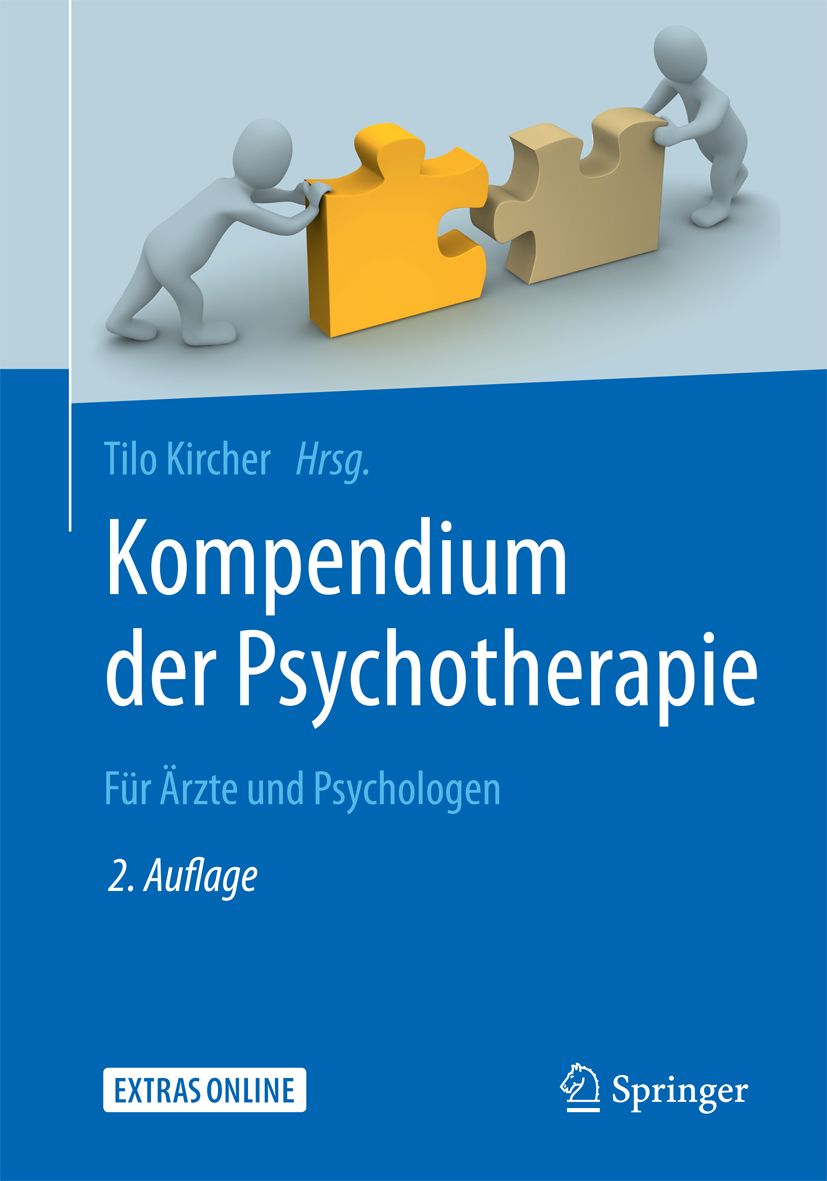 Buchcover: "Kompendium der Psychotherapie". Titel in Weiß auf blauem Hintergrund. Zwei Puzzleteile werden von Figuren zusammengeschoben. Springer-Logo.