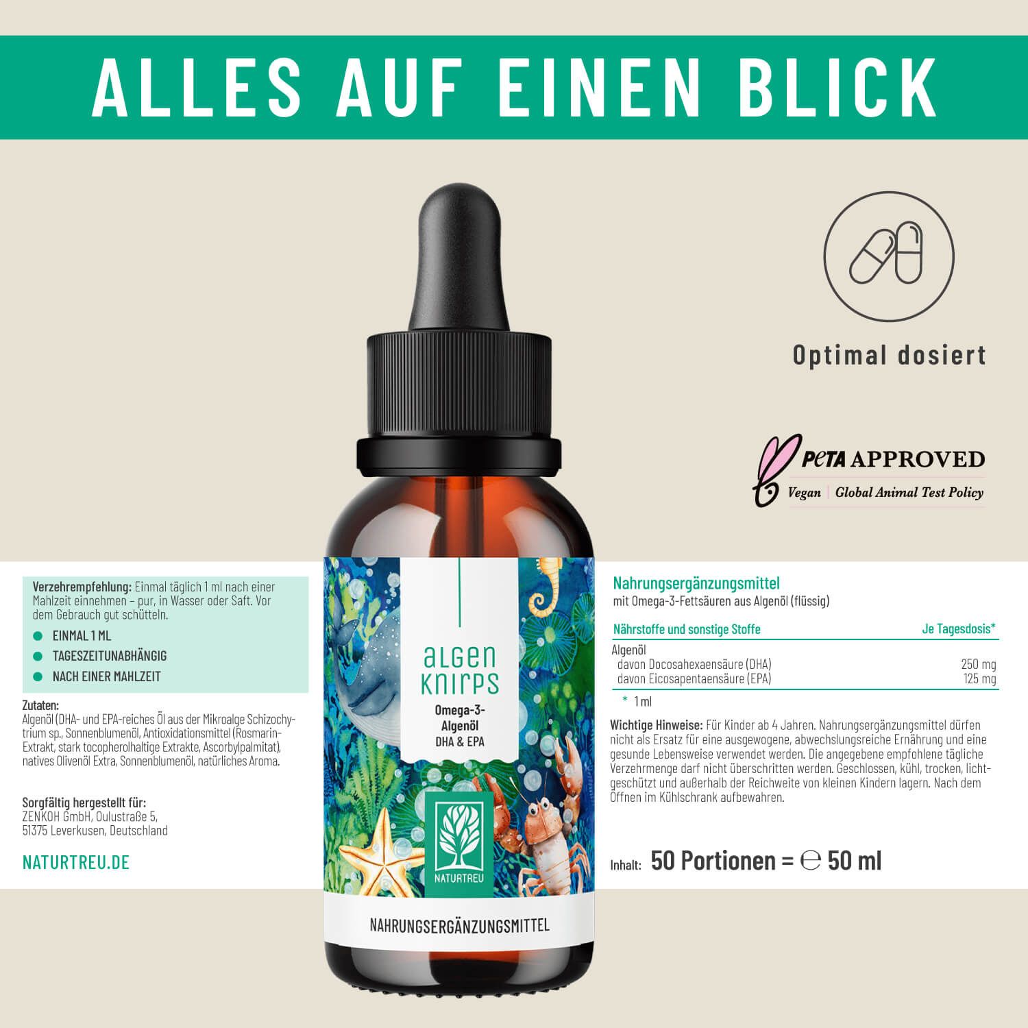 Flasche "Algenknirps" mit blauem Etikett. Enthält Omega-3 DHA & EPA. PETA-Logo. Text mit Inhaltsstoffen und Dosierung.