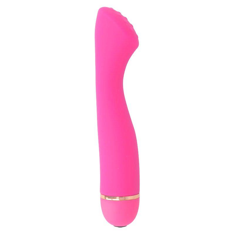 Pinkfarbener Vibrator mit gerader Form. Die Spitze ist mit kleinen Erhebungen versehen. Goldfarbener Ring am unteren Ende.